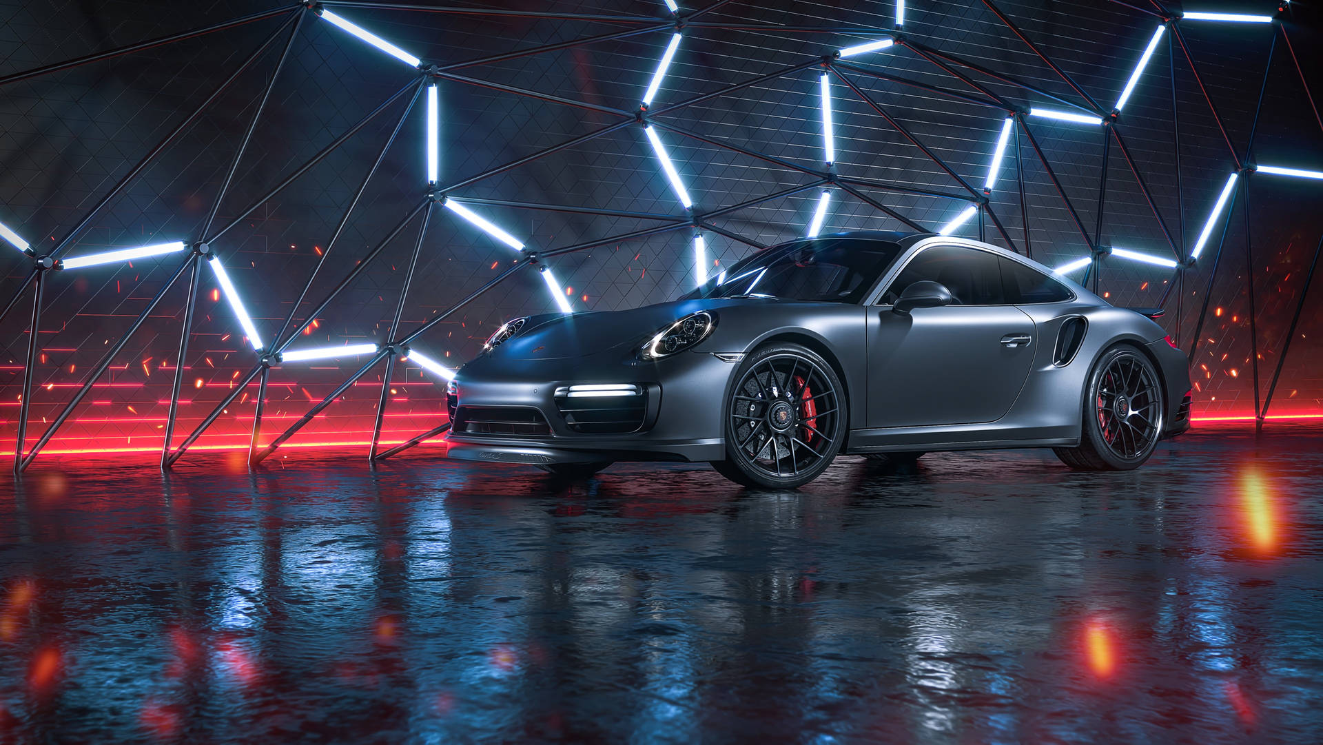 霓虹車 桌布 壁紙 — 一輛時尚的啞光灰色保時捷911 Turbo S在未來主義幾何圓頂中，在霓虹藍光和紅光下閃耀，反射濕潤的地板。