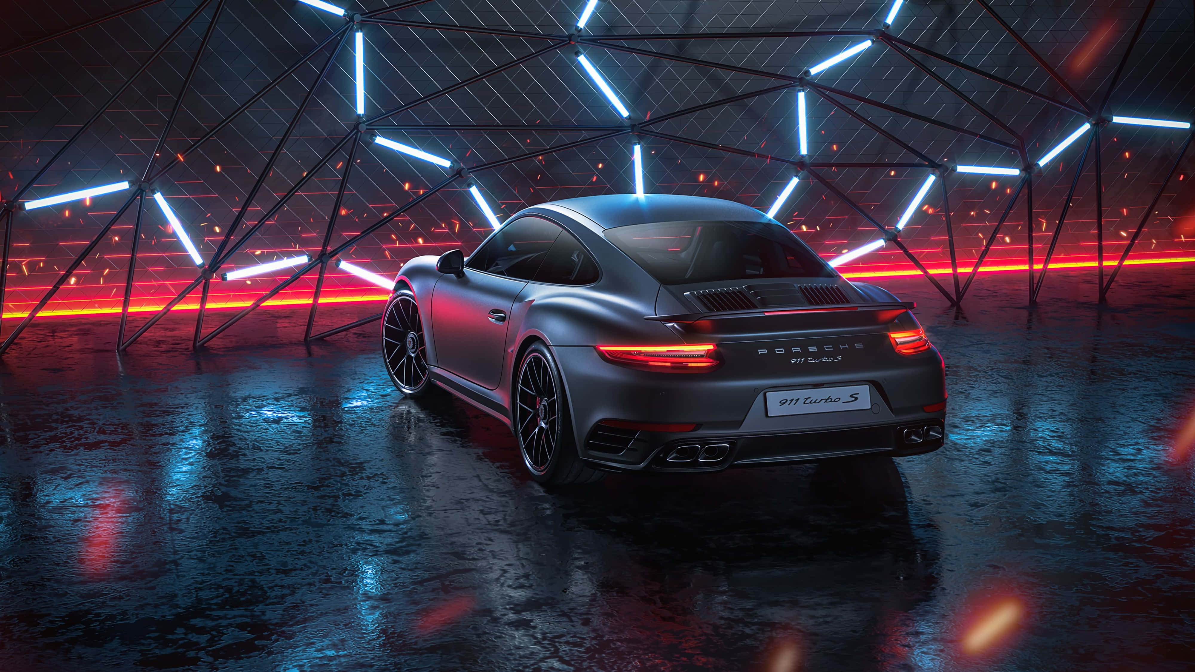 桌布 壁紙 — 一輛時尚的啞光灰色保時捷911 Turbo S在未來風格的幾何圓頂內，在霓虹藍光和紅光下閃閃發光。