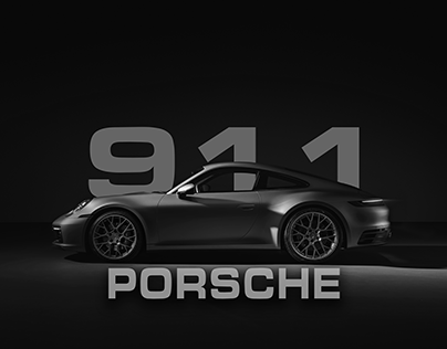 保時捷 桌布 壁紙 — 一輛時尚的啞光灰色保時捷911跑車在黑色背景上以側面展示，並帶有大型灰色「911」和「PORSCHE」文字。