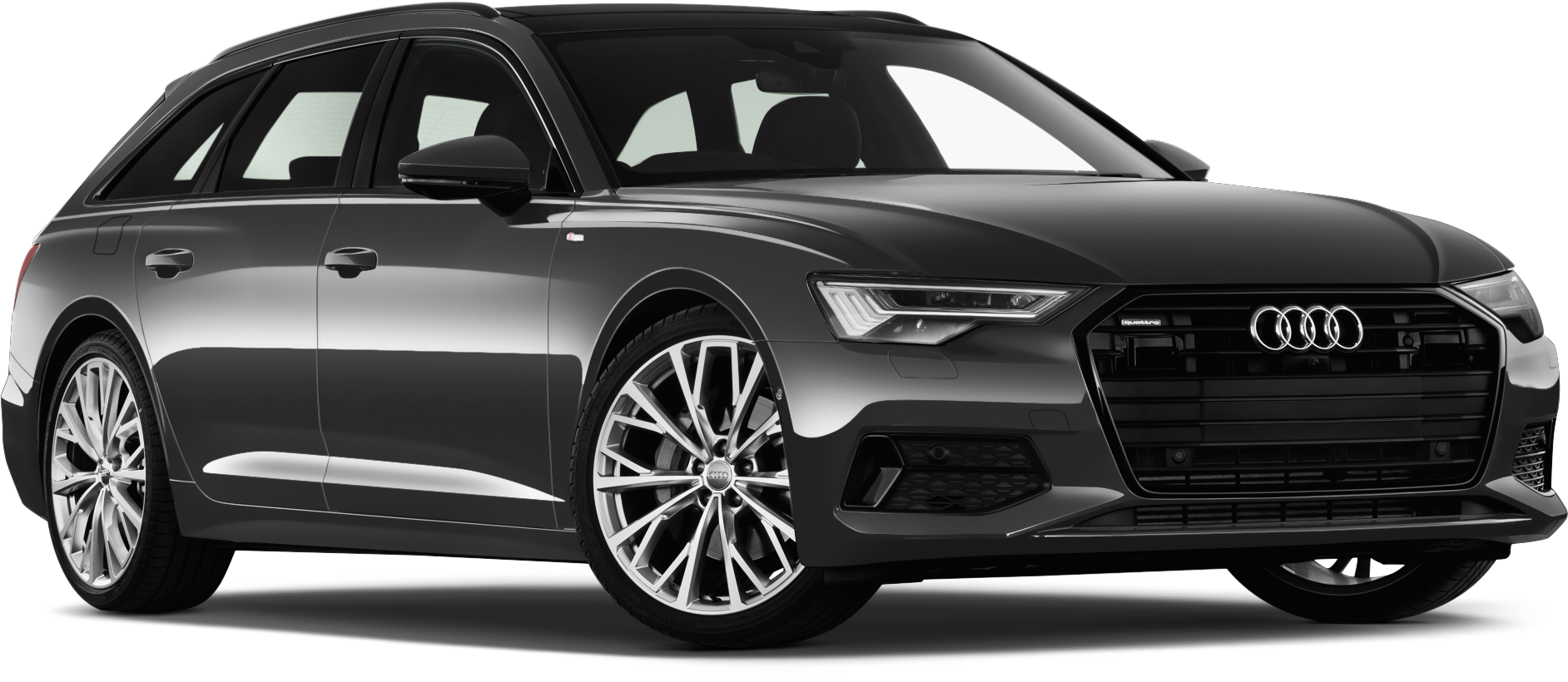 Black Car 桌布 壁紙 — 一輛時尚的啞光灰色奧迪旅行車，配備銀色合金輪圈和銳利的LED頭燈，在攝影棚燈光下展示。