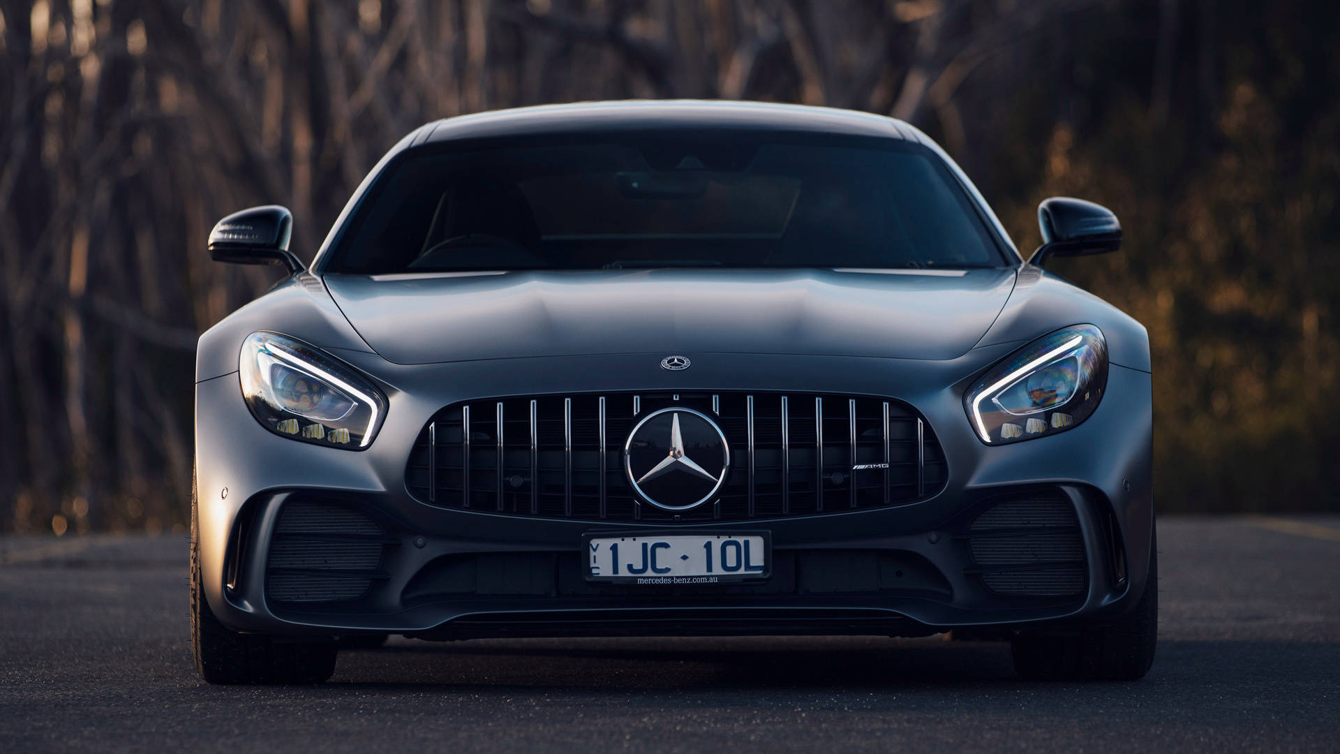 R 桌布 壁紙 — 一輛時尚的啞光灰色梅賽德斯-AMG GT跑車在道路上向前行駛，背景有模糊的樹木。