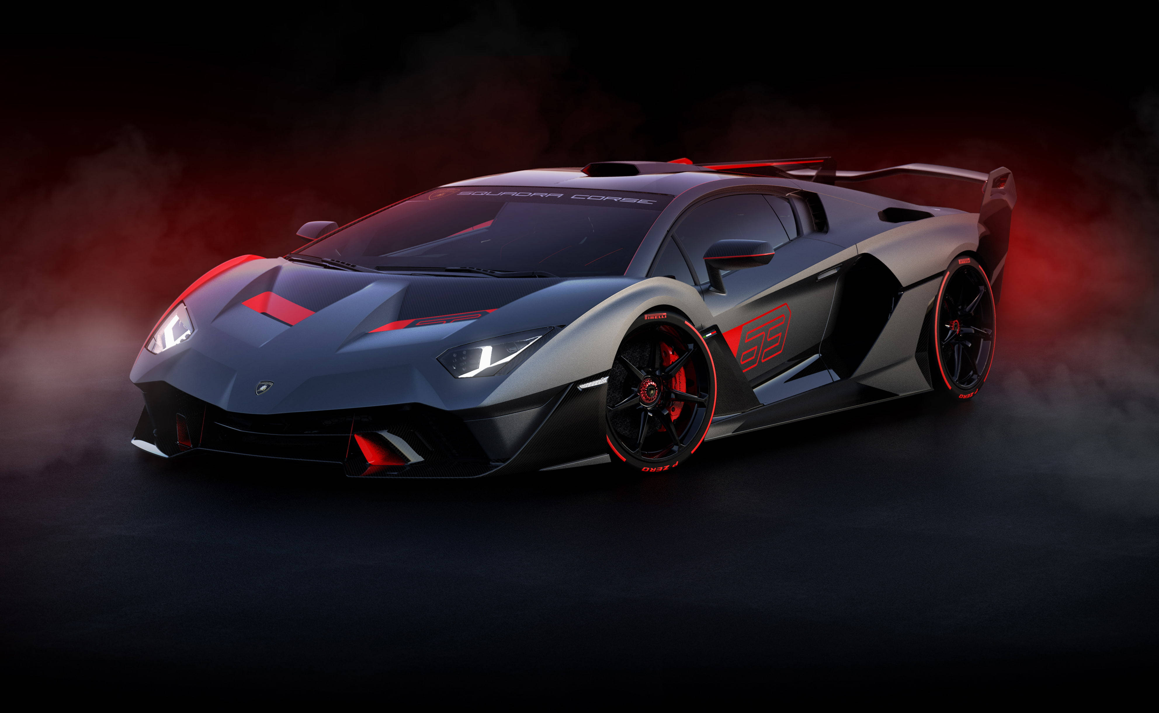 Cool Car 桌布 壁紙 — 一輛時尚的啞光灰色藍寶堅尼 Veneno 帶有紅色點綴，在戲劇性的紅光下，於旋轉煙霧中閃耀。