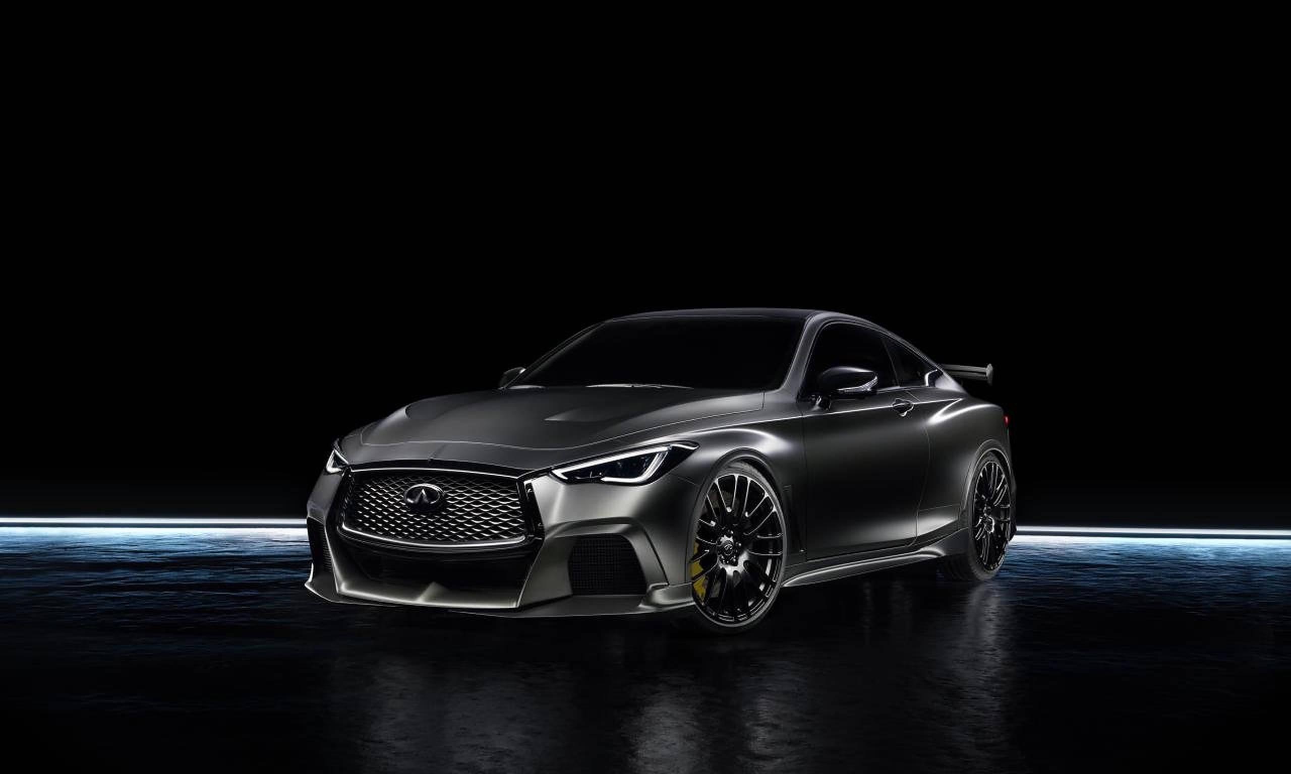 Infiniti 桌布 壁紙 — 一輛時尚的啞光灰色跑車在黑色工作室背景前，在霓虹藍光下閃耀。