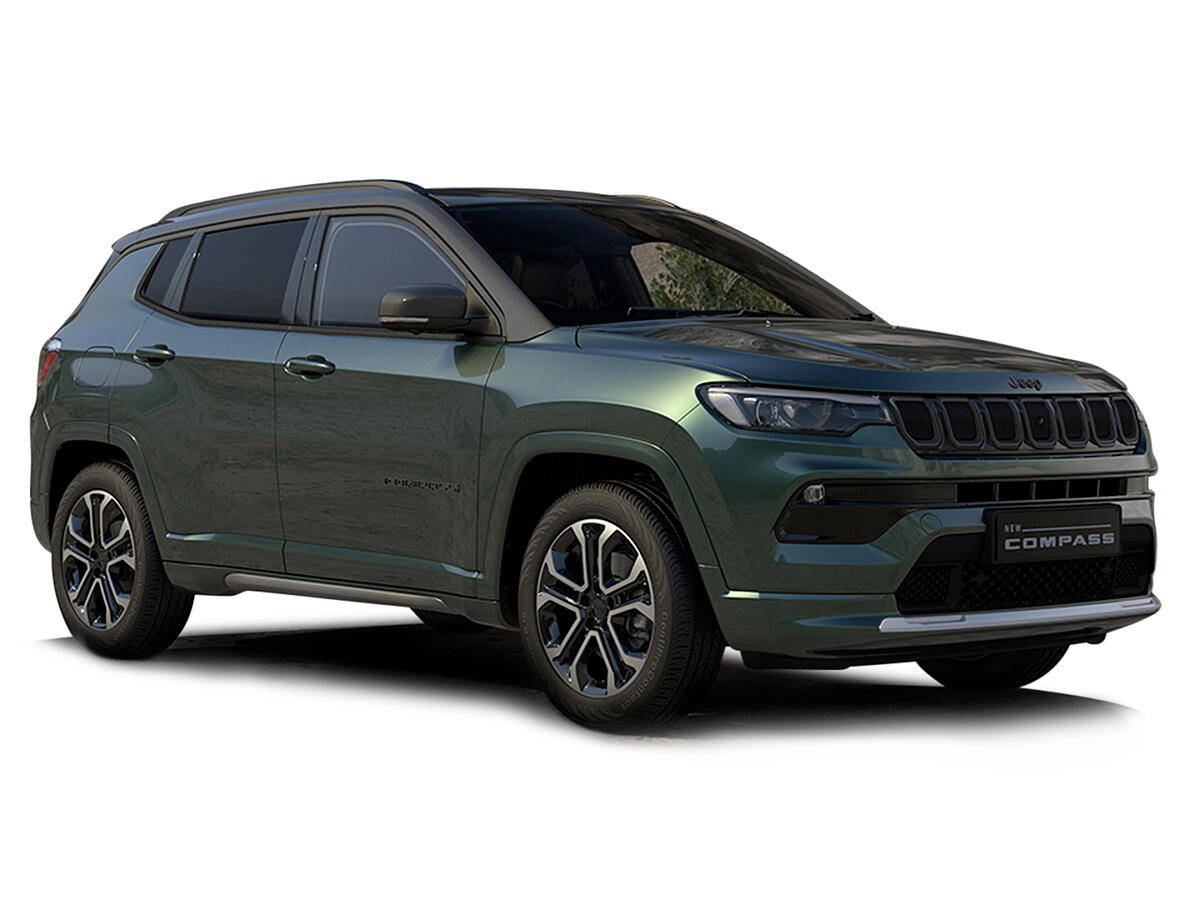 黑色美學 桌布 壁紙 — 一輛時尚的啞光綠色Jeep Compass SUV在工作室燈光下，以乾淨的白色背景展示。