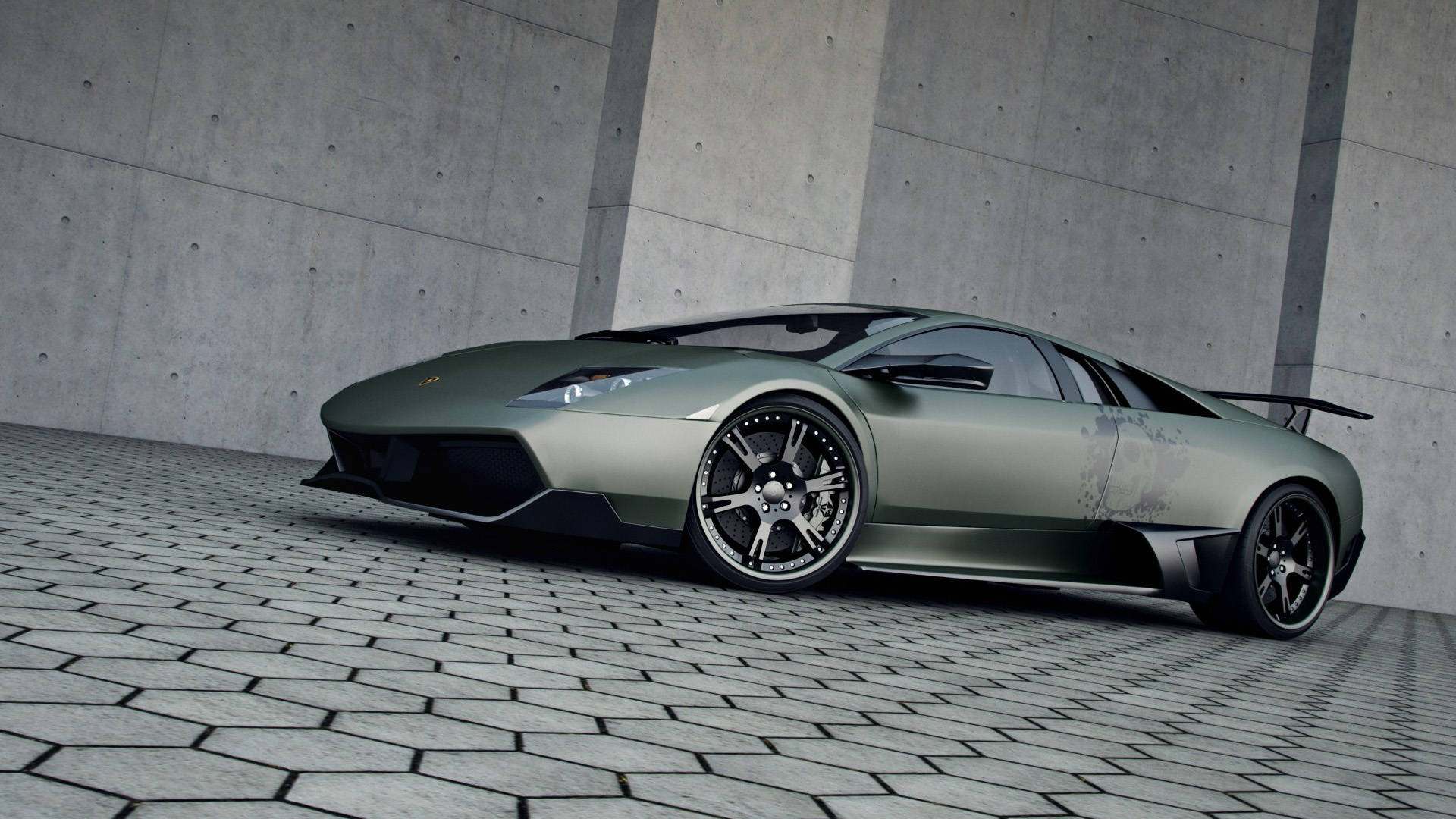 4K Lamborghini 桌布 壁紙 — 一輛時尚的啞光綠色藍寶堅尼Reventon跑車停放在六邊形路面，背景是簡約的混凝土牆。