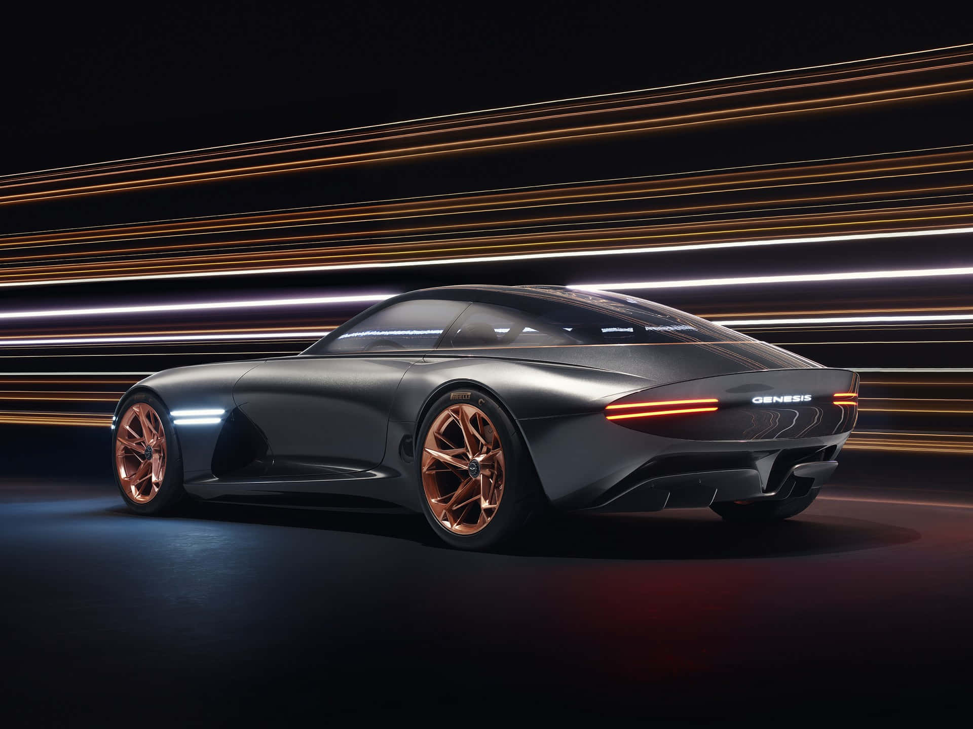 Genesis Essentia 桌布 壁紙 — 一輛時尚的啞光黑色 Genesis 概念車，配備銅色輪圈，在黑暗背景中穿過金色光條隧道。