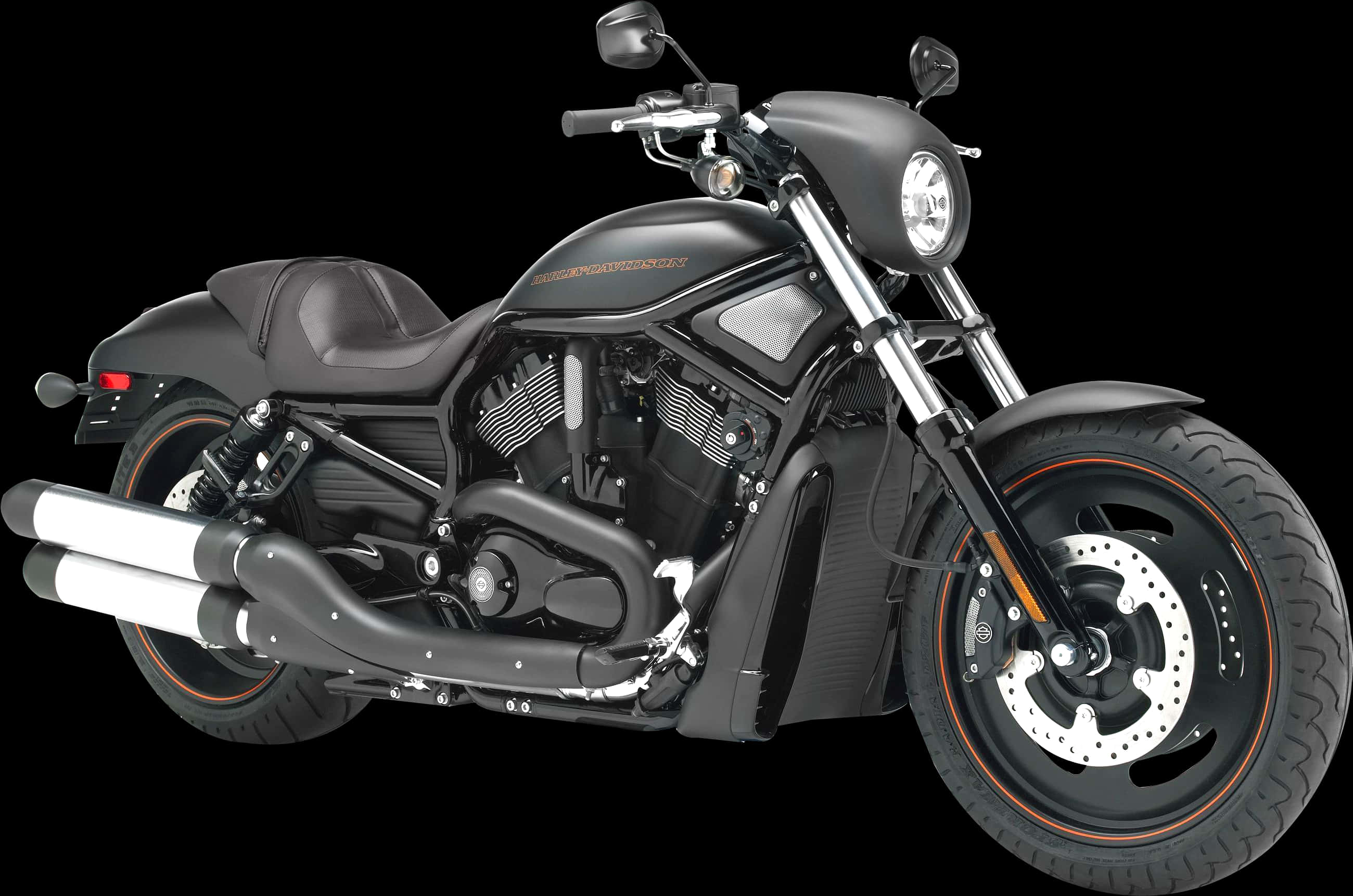 Bike HD 桌布 壁紙 — 一輛時尚的啞光黑色巡航機車，帶有鍍鉻裝飾和橙色飾邊細節，背景為純黑色。