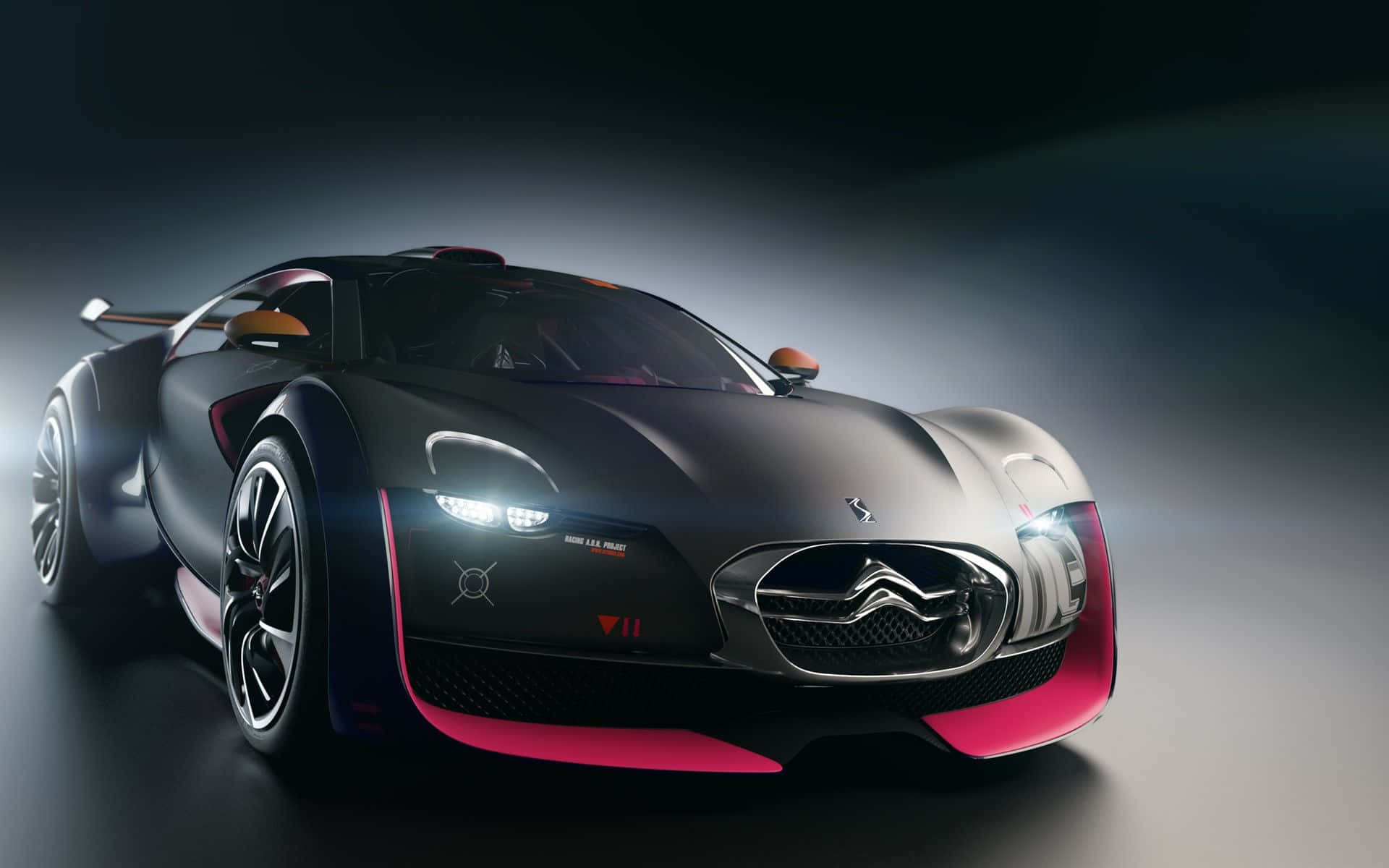 Top 10 Car 桌布 壁紙 — 一輛時尚的啞光黑色雪鐵龍概念車，帶有充滿活力的粉紅色點綴和發光的車頭燈，在黑暗的攝影棚中戲劇性地擺拍。