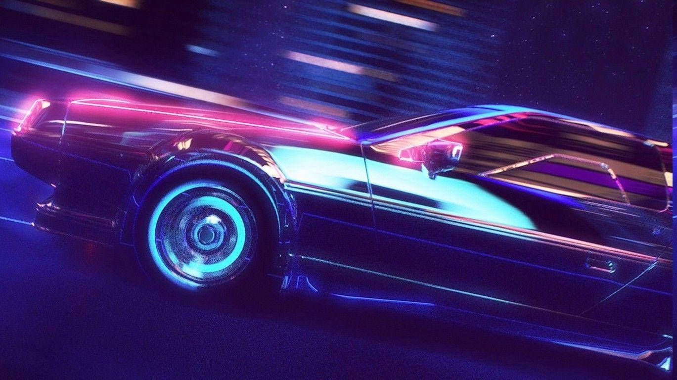 霓虹燈下的復古車在賽博龐克之夜中疾馳，留下發光軌跡。