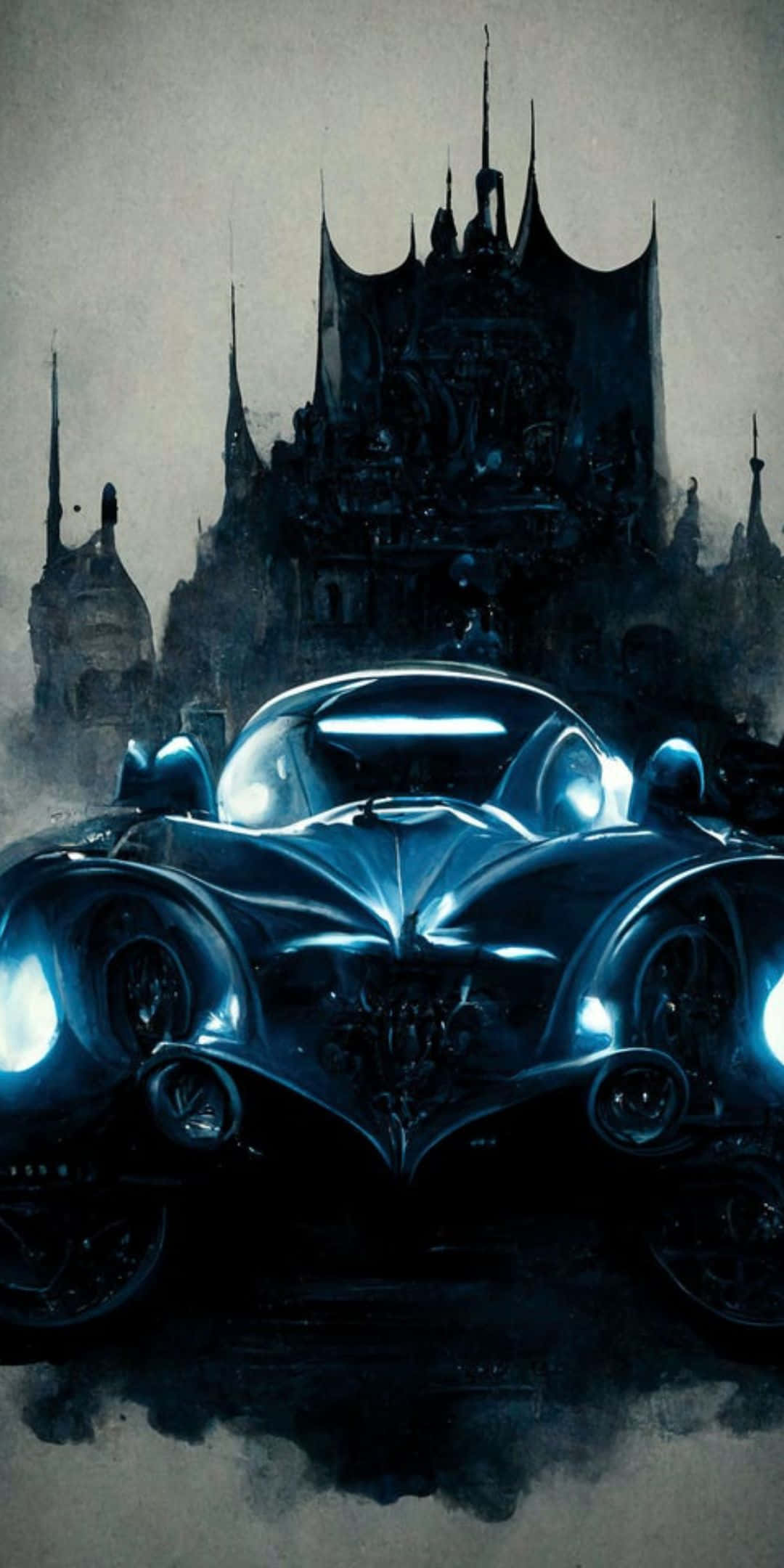 Pixel 3 Batmobile 桌布 壁紙 — 一輛時尚的未來主義汽車，車頭燈發光，矗立在一座哥德式城堡前，背景是陰鬱的暮色天空。