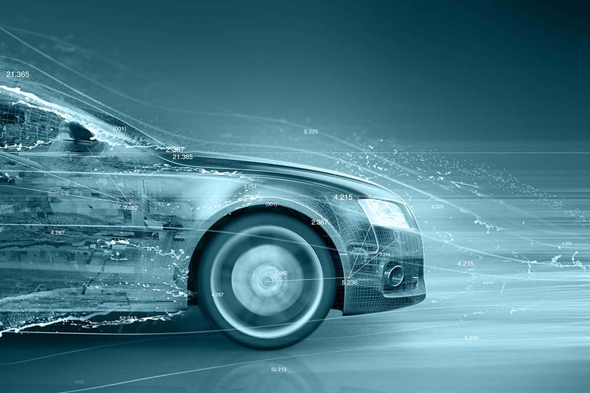 Car Technology 桌布 壁紙 — 一輛時尚的未來主義汽車在數位數據流中滑行，發光的數字和線條在其空氣動力學形狀周圍旋轉。