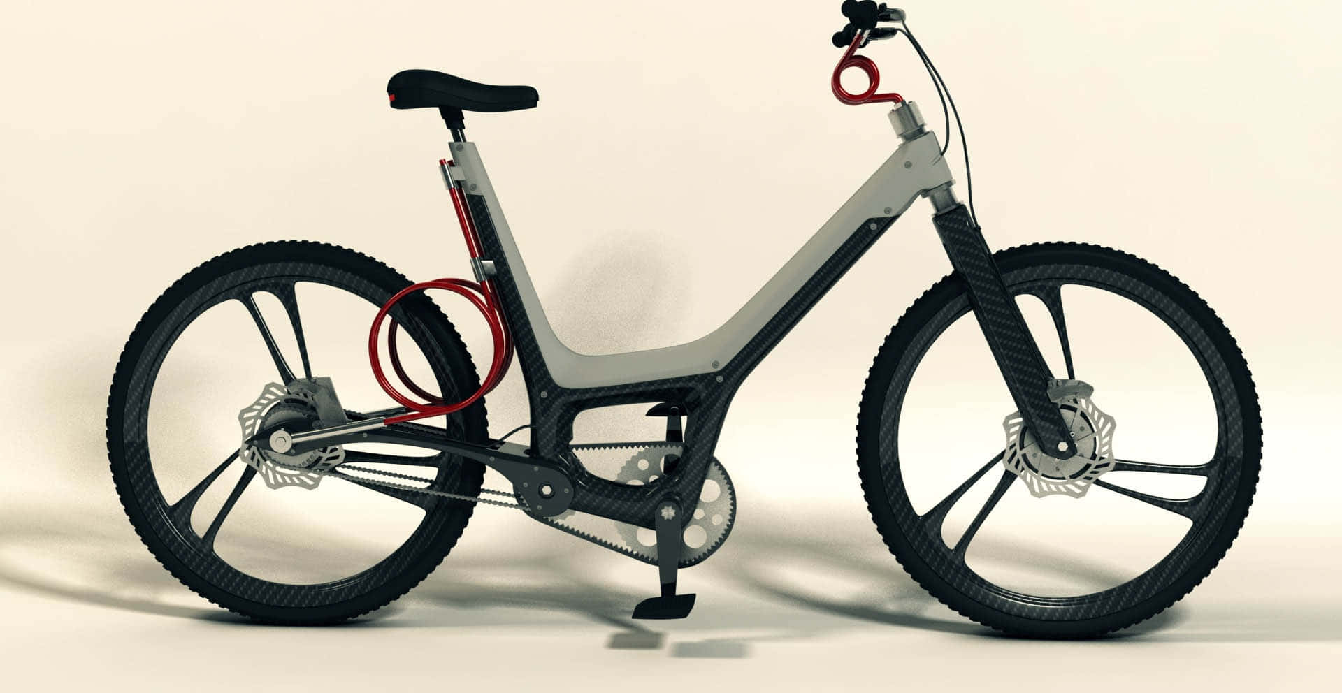 Bicycle 桌布 壁紙 — 一輛時尚的未來主義自行車，配備碳纖維車架和紅色點綴，在極簡的攝影棚燈光下展示。