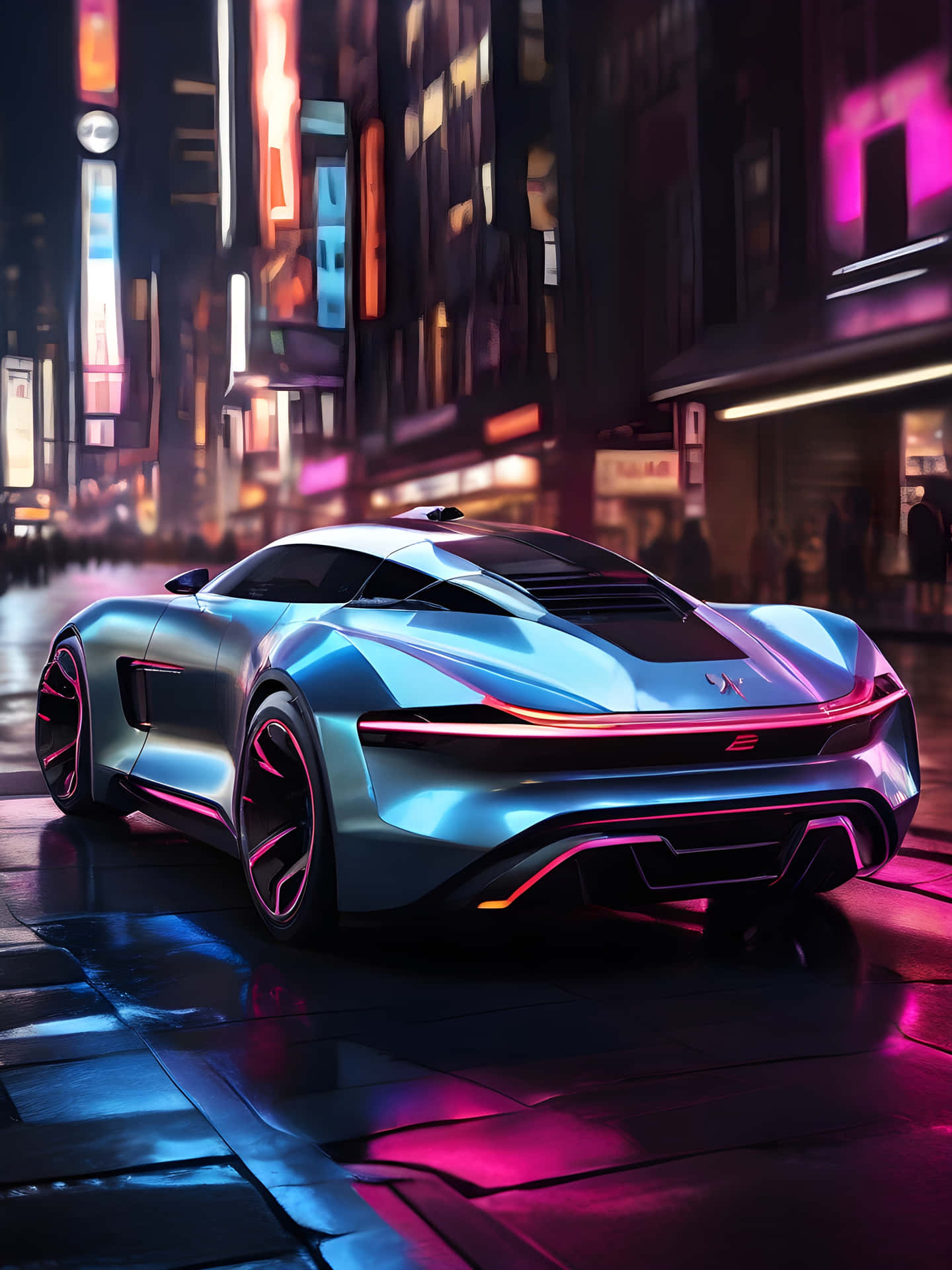 Futuristic Cyberpunk Sports Car in Neon-Lit City 壁紙 — 一輛時尚的未來主義藍色跑車，帶有發光的粉紅色點綴，停在夜晚潮濕的霓虹燈城市街道上。