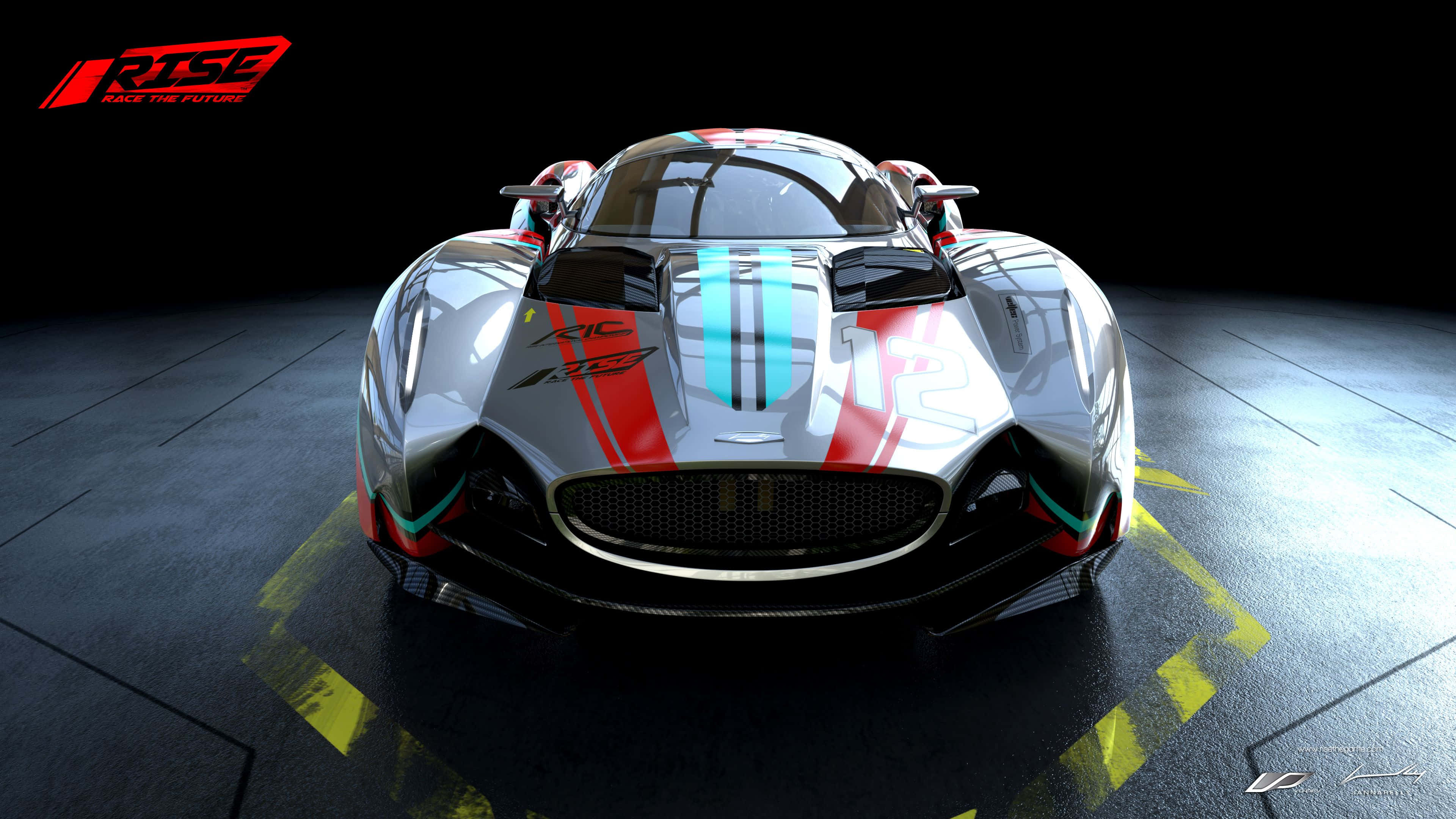 Racing Games 桌布 壁紙 — 一輛時尚的未來主義賽車，帶有銀色、紅色和藍色條紋，在戲劇性燈光下居中於帶有黃色線條的深色地板上。