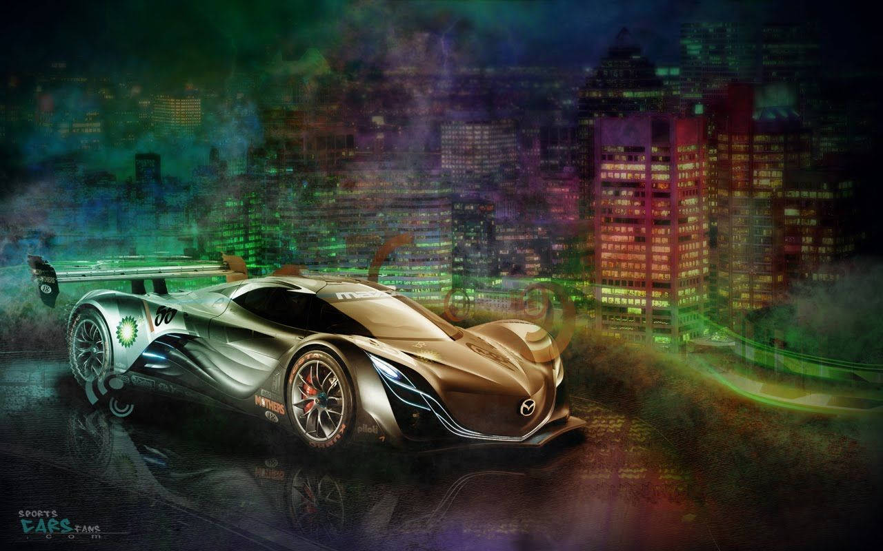 cars 桌布 壁紙 — 一輛時尚的未來主義賽車在霓虹燈下發光，映襯著充滿活力、扭曲的夜景城市景觀。
