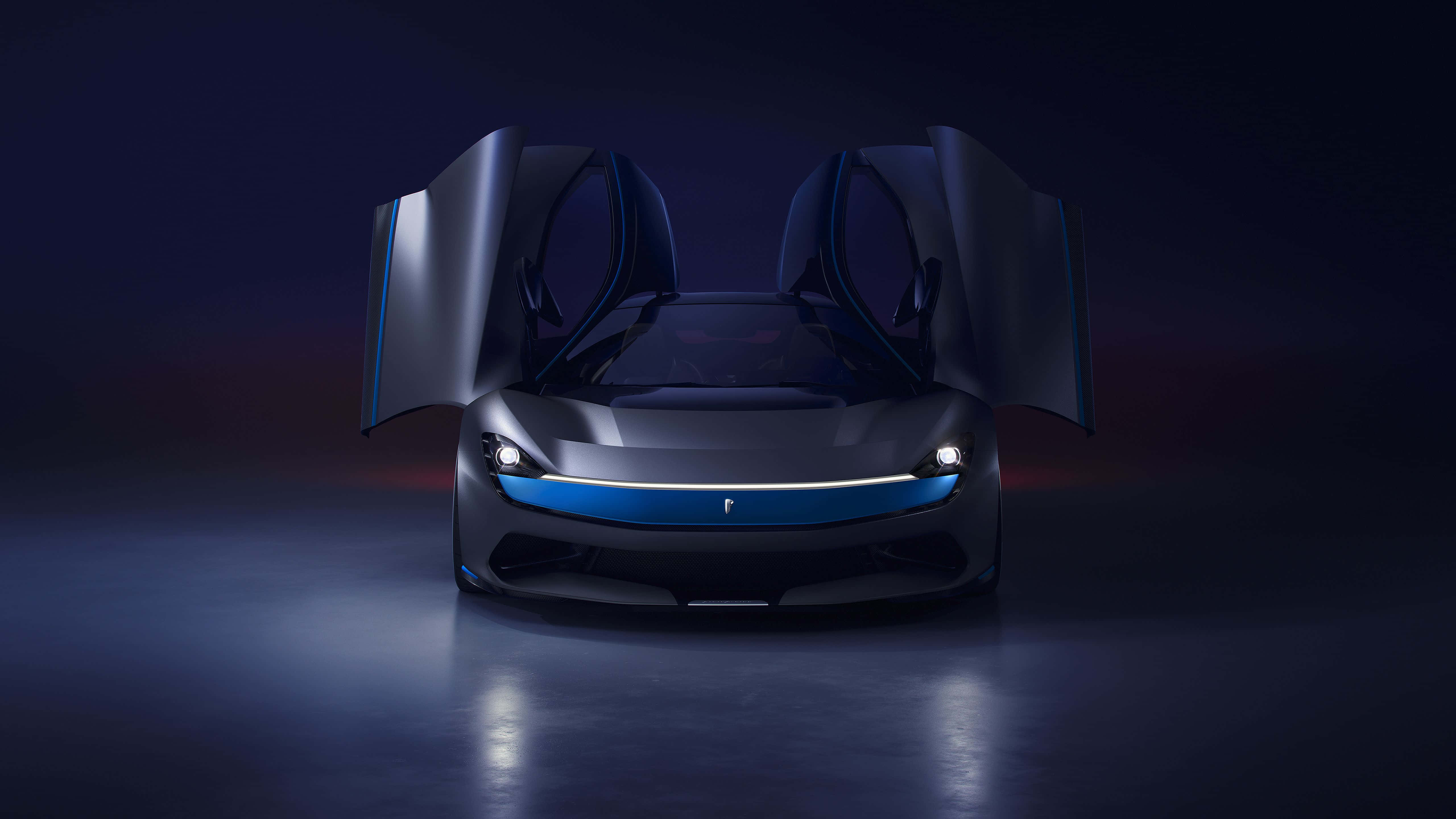 Pininfarina 桌布 壁紙 — 一輛時尚的未來主義跑車，帶有發光的藍色裝飾和打開的鷗翼門，在黑暗的攝影棚中戲劇性地站在聚光燈下。