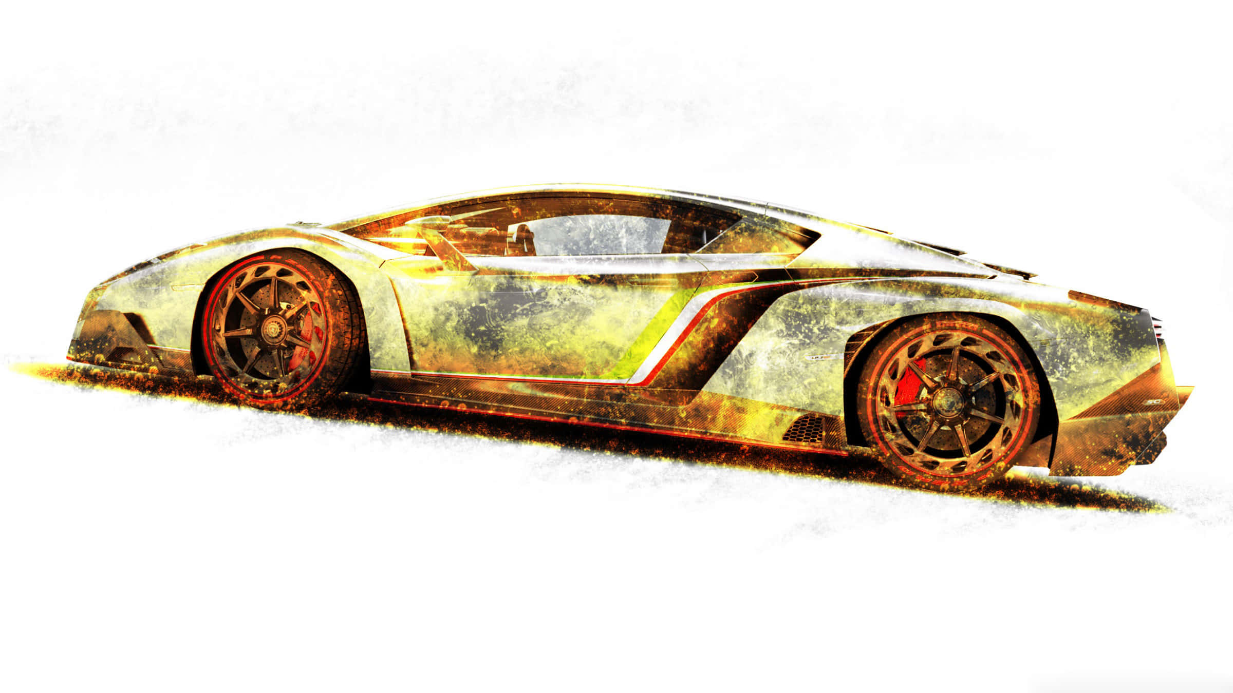 Gold Cars 桌布 壁紙 — 一輛時尚的未來主義跑車，帶有風化金屬漆和發光的橙色點綴，在帶紋理的白色表面上滑行。