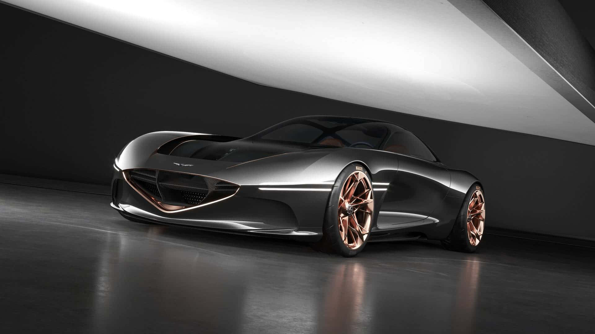 Genesis Essentia 桌布 壁紙 — 一輛時尚的未來主義跑車，金屬灰色車身和銅色車輪，在極簡主義的黑暗展廳中，在工作室燈光下閃閃發光。