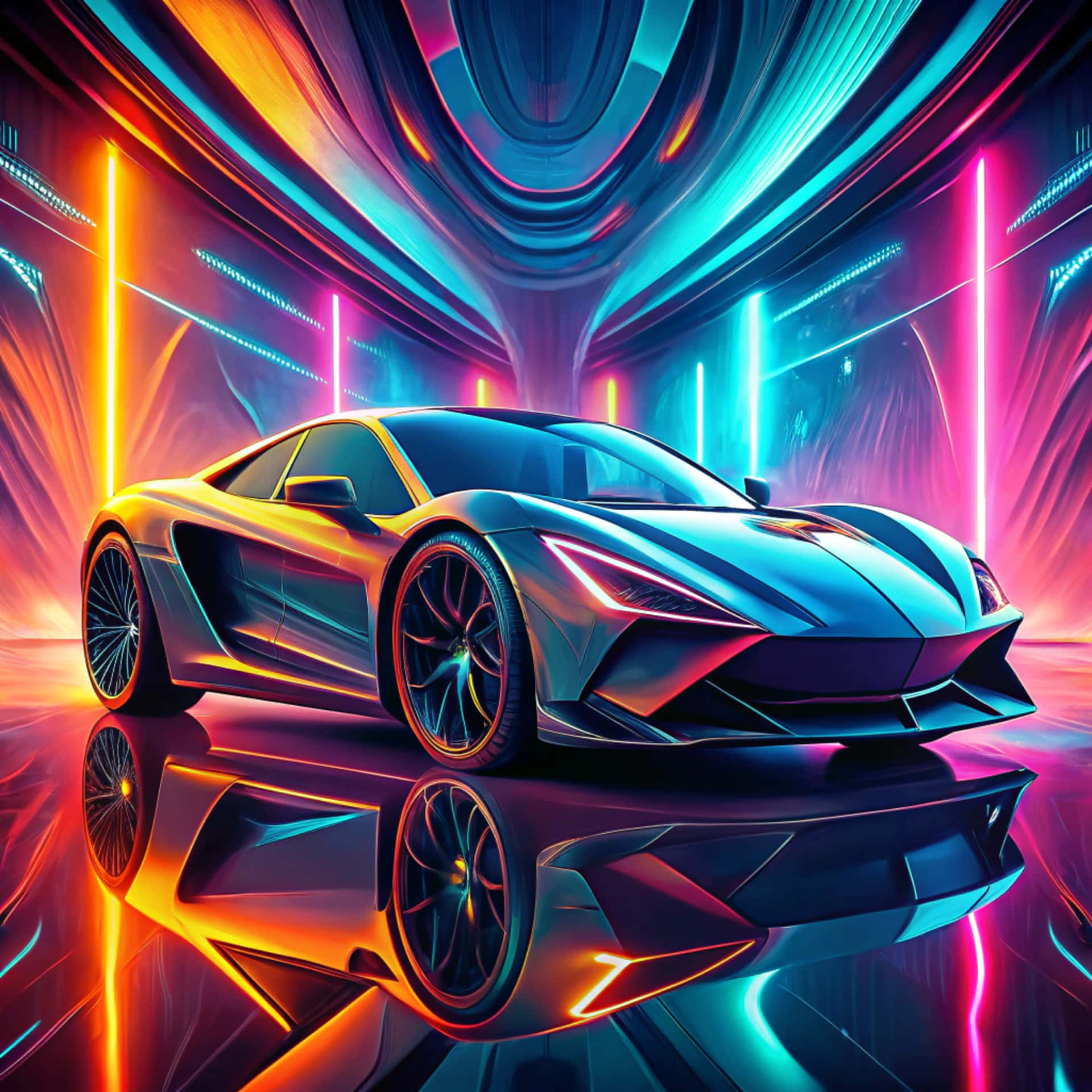 Sports car 壁紙 — 一輛時尚的未來主義跑車在充滿活力的霓虹燈下，於光亮的隧道中閃耀，反射出鮮明的倒影。