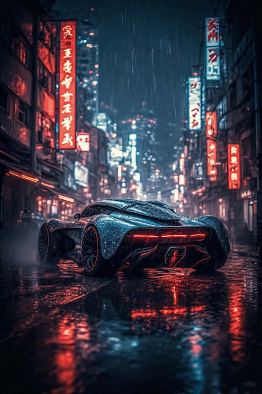 Futuristic Neon Dreamscape Car in Tokyo Rain 壁紙 — 一輛時尚的未來主義跑車在夜晚滑過一條被雨水浸透、霓虹燈閃爍的賽博龐克城市街道。