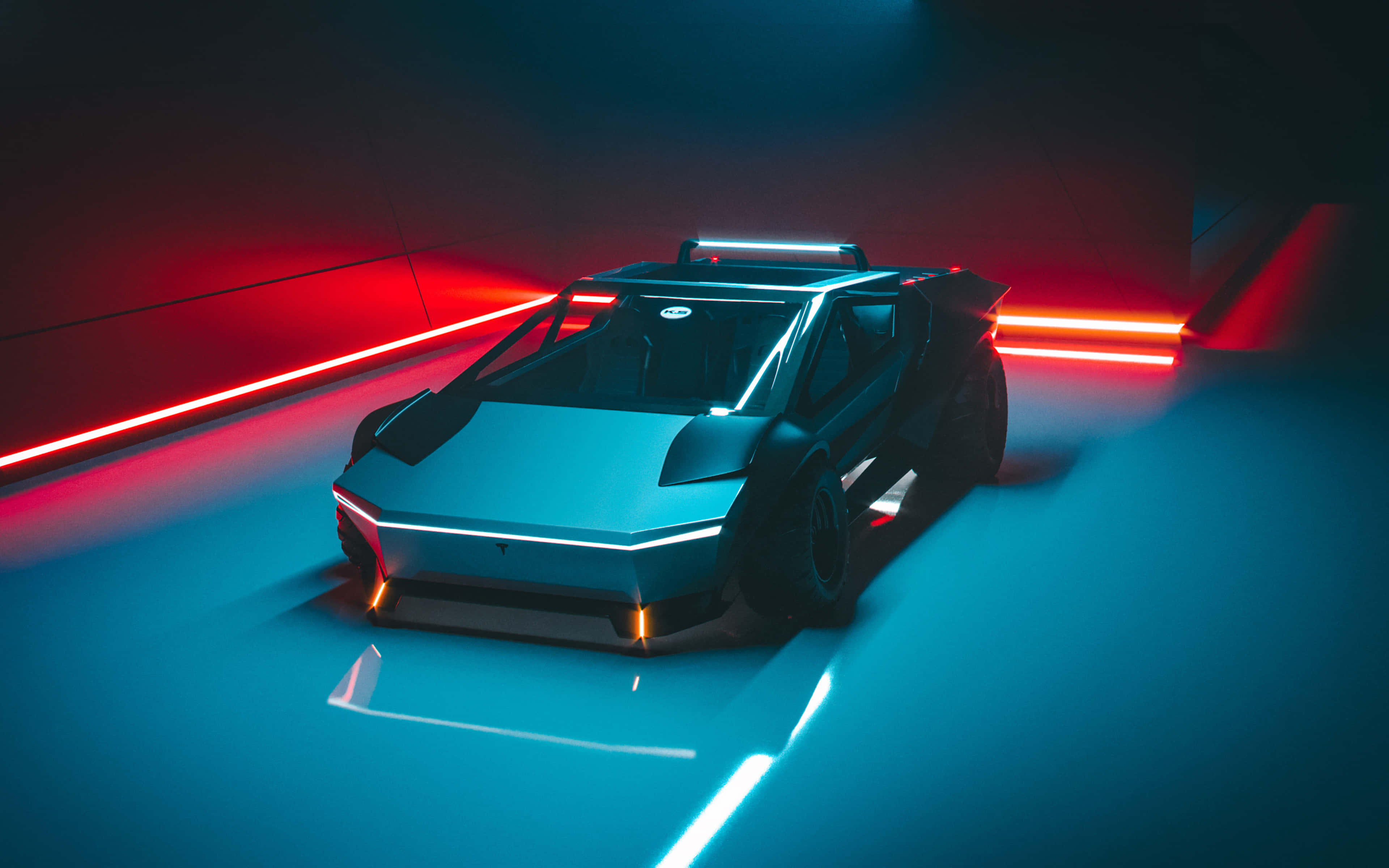 Cybertruck 桌布 壁紙 — 一輛時尚的未來主義跑車在極簡風格的隧道中，於霓虹紅光和藍光下閃耀。