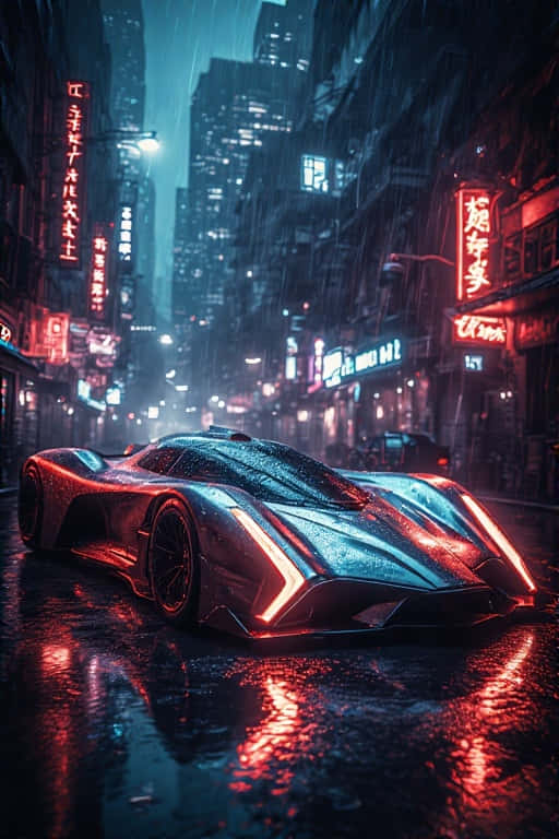 Cyberpunk Supercar in Neon Rainy Alley Futuristic 4K 壁紙 — 一輛時尚的未來主義跑車在雨濕的賽博朋克街道上閃爍著霓虹燈光，下方是高聳的摩天大樓。