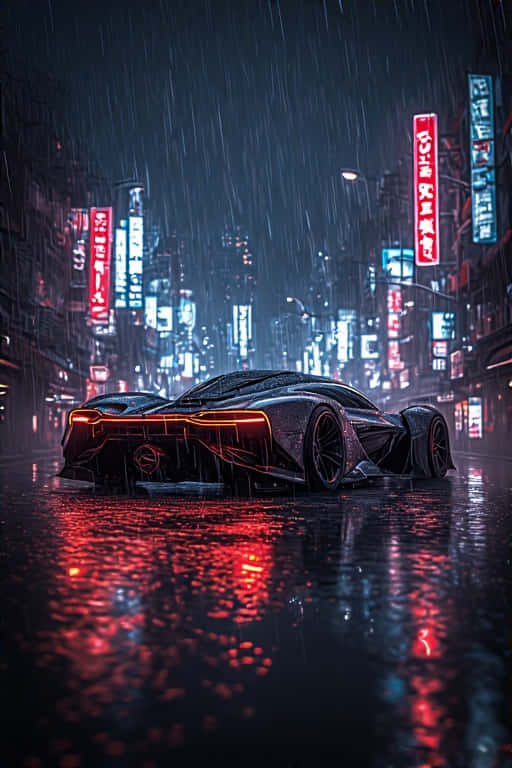 Futuristic Neon Dreamscape Car in Tokyo Rain 壁紙 — 一輛時尚的未來主義跑車在雨濕的霓虹燈城市街道上夜間發出紅色尾燈光芒。