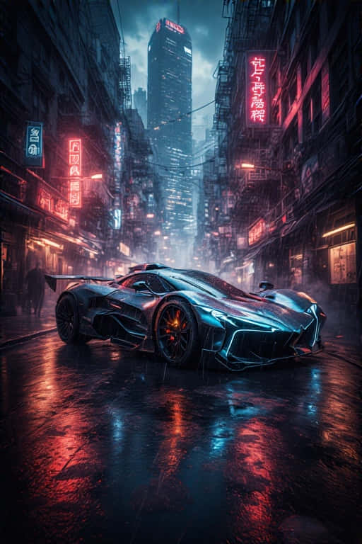 未來汽車在夜間濕漉漉的霓虹燈街道上 — 4K 壁紙