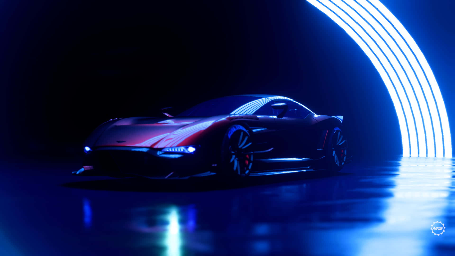 1920x1080 Need For Speed Heat 桌布 壁紙 — 一輛時尚的未來主義跑車在黑暗工作室的反光地板上，在霓虹藍拱形燈光下發光。