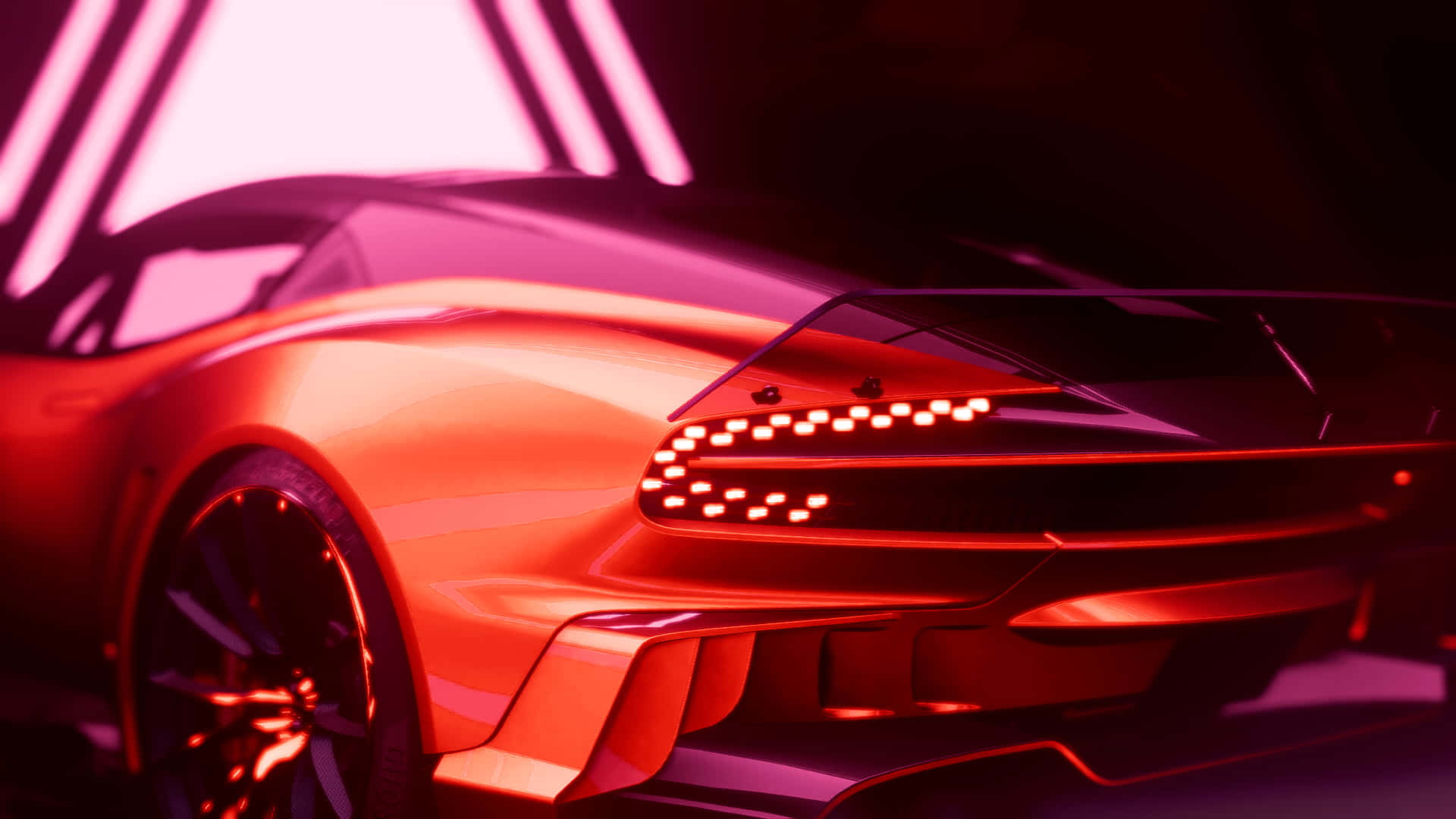 Red Light 桌布 壁紙 — 一輛時尚的未來主義跑車在黑暗的攝影棚環境中散發出鮮豔的紅色和粉紅色霓虹燈光。