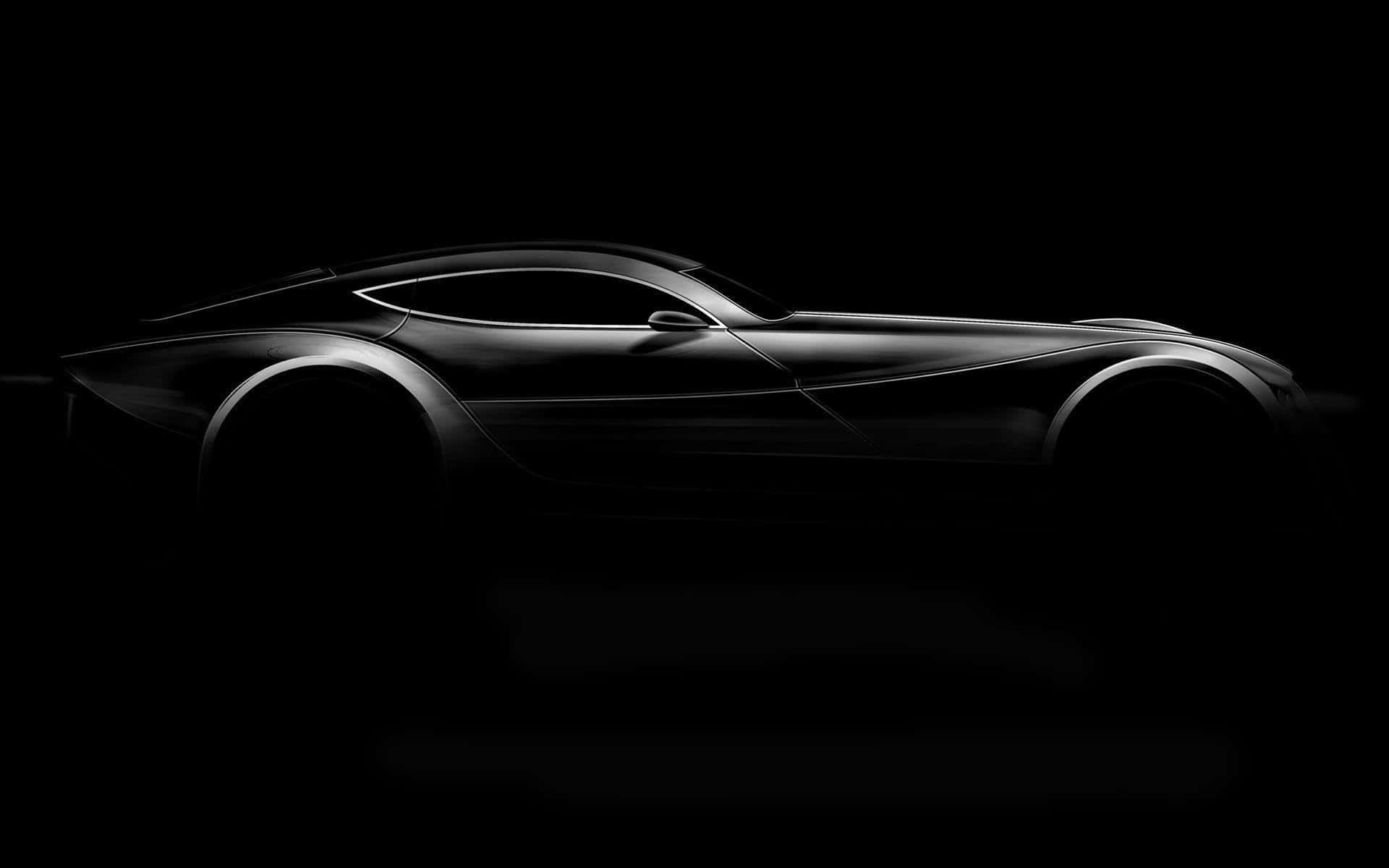 Black And White Car 桌布 壁紙 — 一輛時尚的未來主義跑車輪廓在純黑色背景上閃爍著金屬光澤。