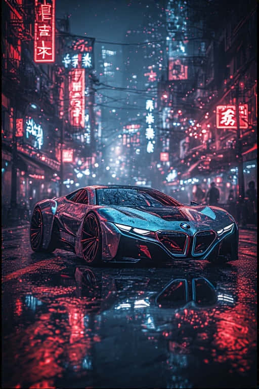 Futuristic BMW Concept Car on Neon-Lit Cyberpunk Street 壁紙 — 一輛時尚的未來感BMW跑車在雨濕的霓虹燈光 cyberpunk 街道上閃耀，反射出鮮豔的紅色和藍色燈光。
