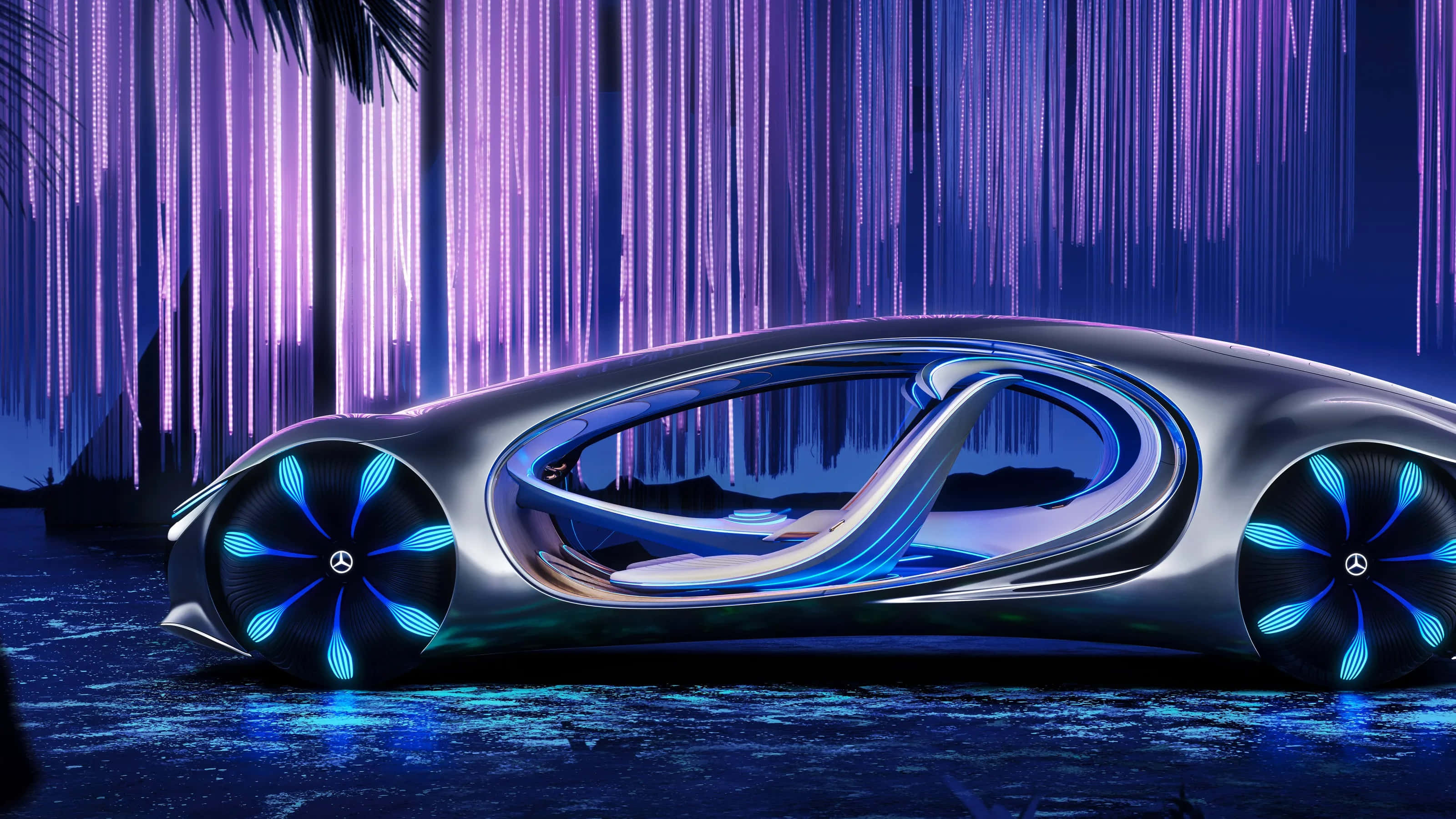 Car Technology 桌布 壁紙 — 一輛時尚的未來感銀色汽車，帶有發光的藍色車輪，位於潮濕的反光表面上，上方是層疊的紫色霓虹燈。