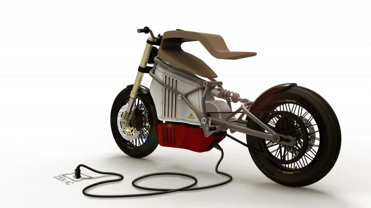 Electric Bike 桌布 壁紙 — 一輛時尚的未來感電動機車，外露機械結構和紅色電池組，在白色攝影棚地板上充電。
