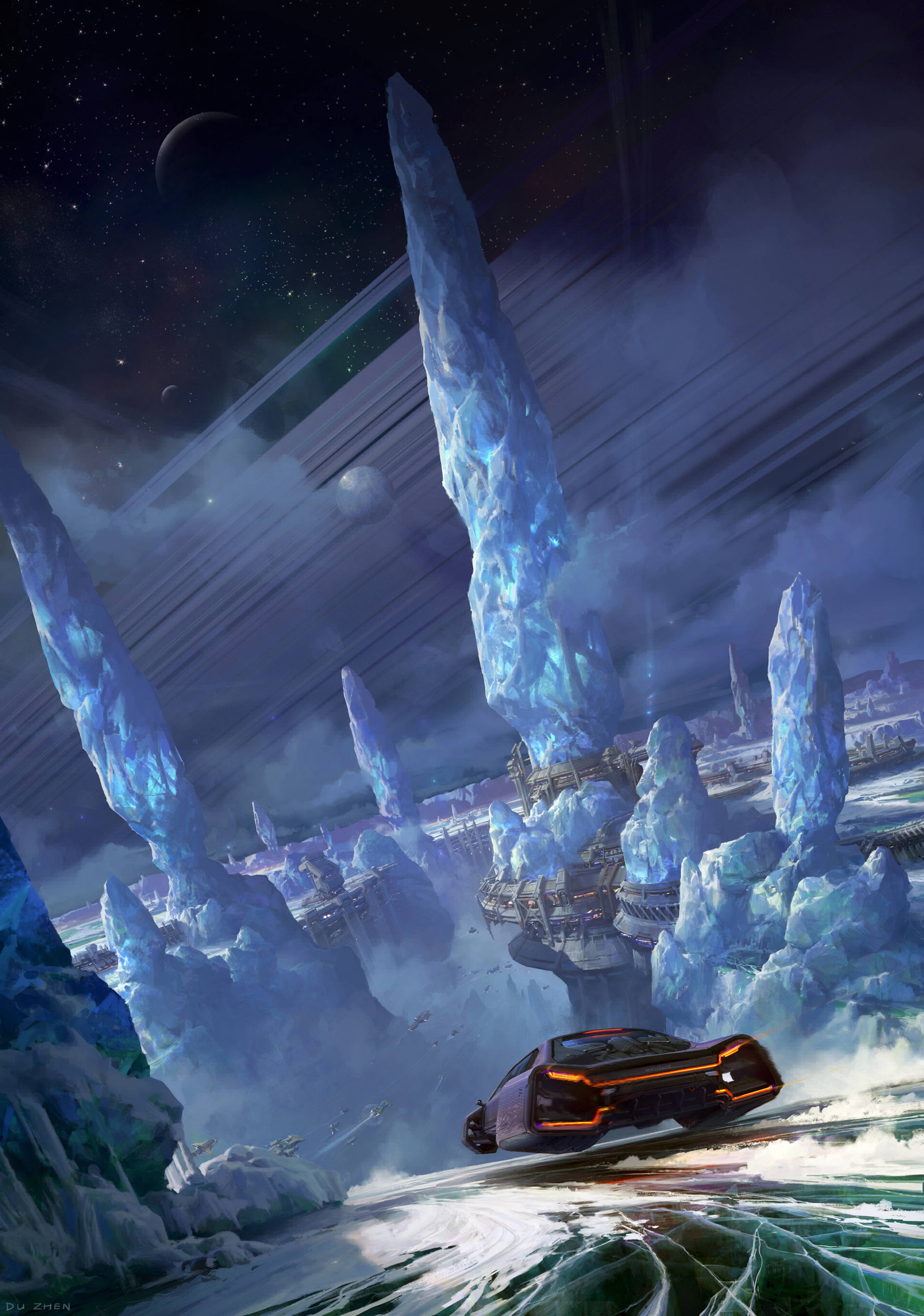 Sci 桌布 壁紙 — 一輛時尚的未來汽車在星空宇宙天空下，穿越水晶般的外星峽谷，周圍有漂浮的冰尖塔。