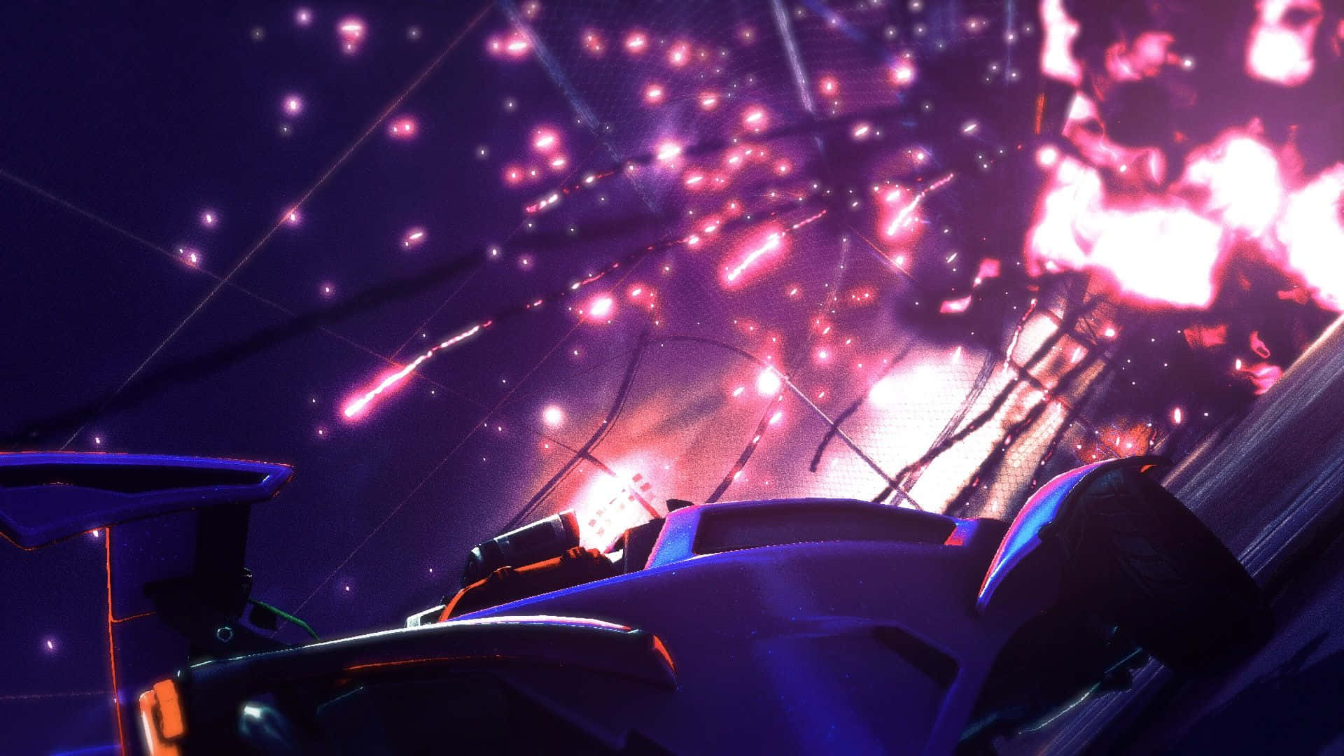 HD Rocket League 桌布 壁紙 — 一輛時尚的未來賽車在霓虹燈隧道中疾馳，發光的粉紅色火花飛過。