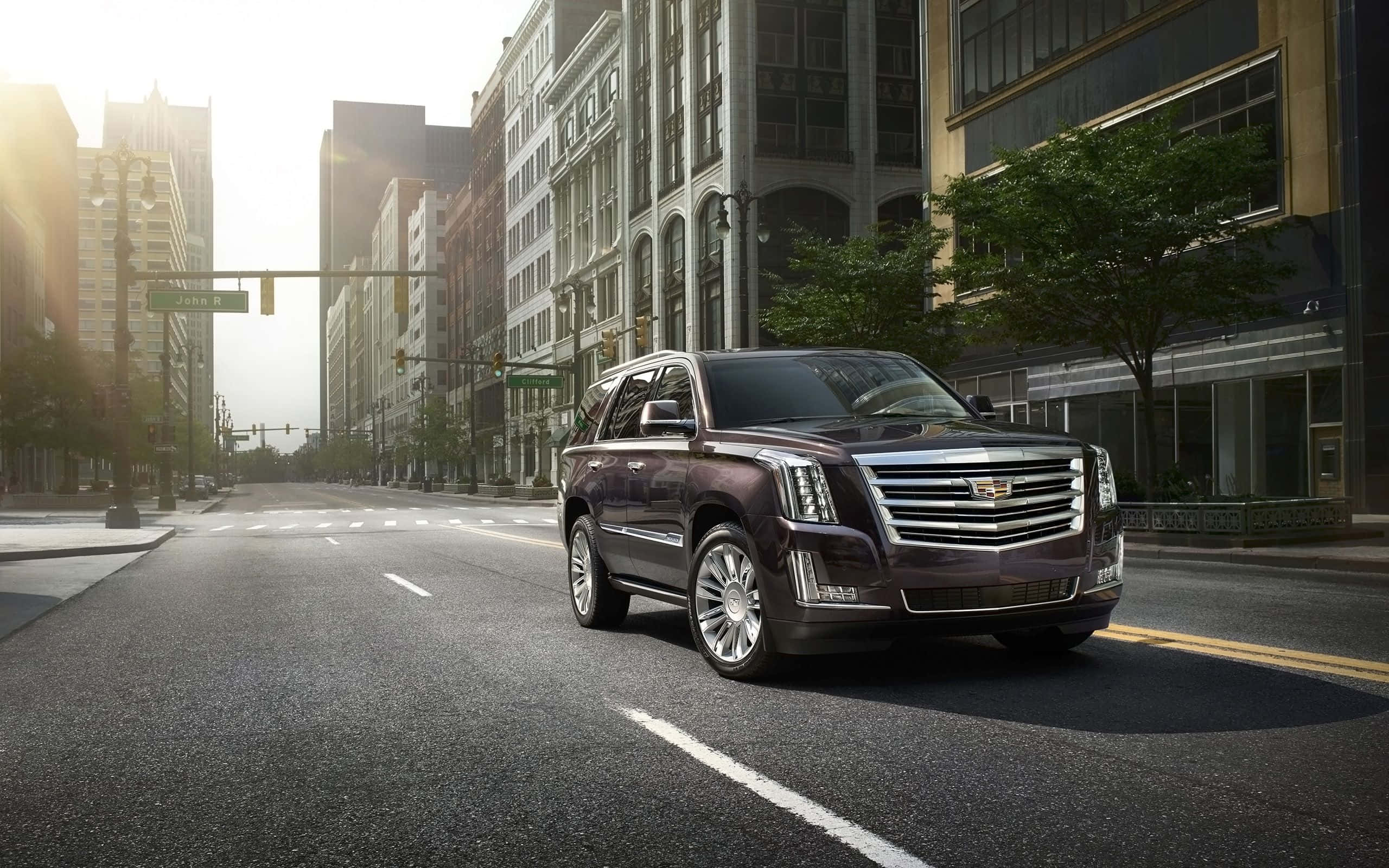 Cadillac Escalade 桌布 壁紙 — 一輛時尚的栗色凱迪拉克SUV在陽光明媚的城市街道上行駛，街道兩旁是高樓大廈和綠樹。