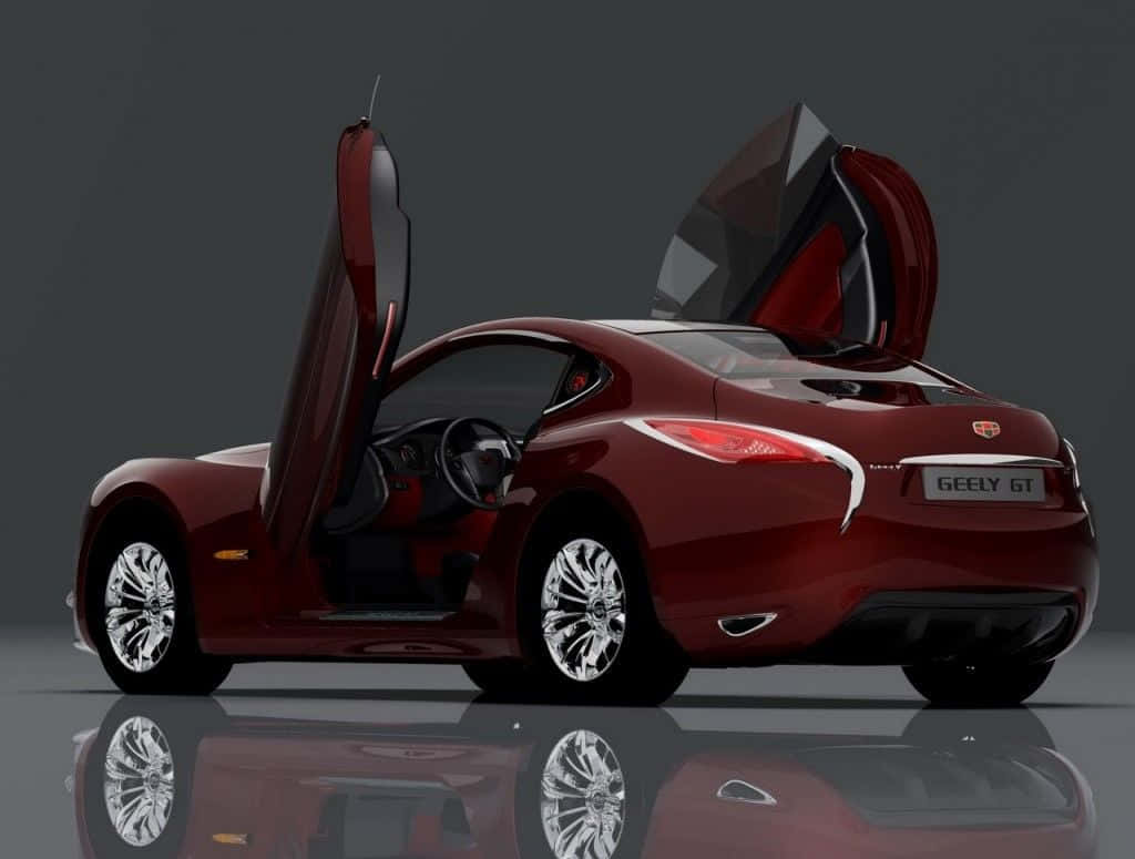 Geely 桌布 壁紙 — 一輛時尚的栗色吉利GT跑車，鷗翼門打開，在深灰色背景的反射工作室地板上展示。