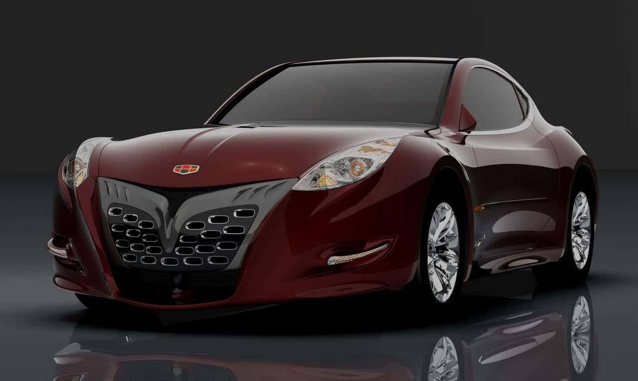 Geely 桌布 壁紙 — 一輛時尚的栗色概念車，配有大膽的格柵和鍍鉻輪圈，在攝影棚燈光下於反光地板上閃耀。
