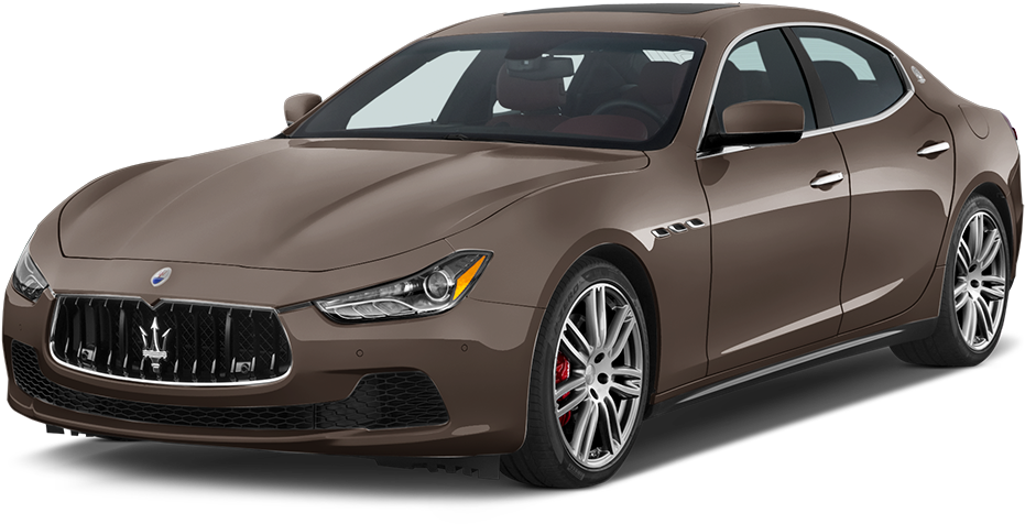 瑪莎拉蒂 桌布 壁紙 — 一輛時尚的棕色Maserati轎車，配備銀色輪圈和紅色制動卡鉗，在黑色背景的攝影棚燈光下展示。