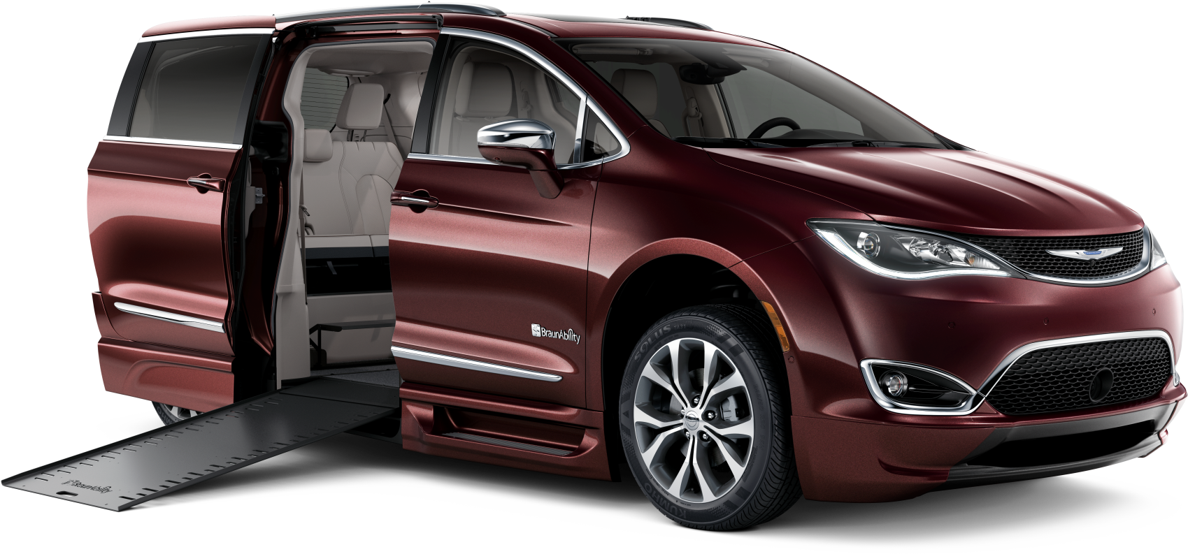克萊斯勒 桌布 壁紙 — 一輛時尚的棗紅色Chrysler Pacifica小型貨車，側門打開，坡道伸出，背景為黑色。