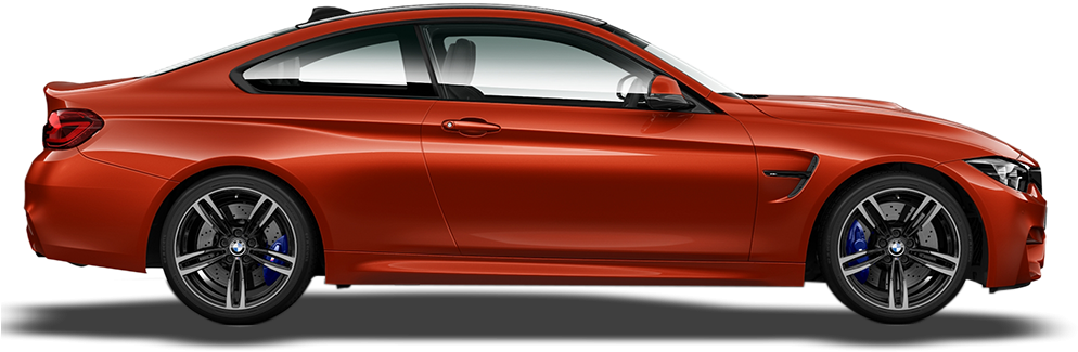 BMW 動圖 桌布 壁紙 — 一輛時尚的橙色BMW M4雙門轎跑車，側面展示，配備黑色輪圈和藍色制動卡鉗，背景透明。