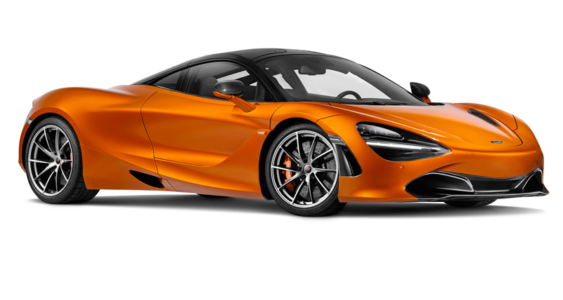 麥拉倫 桌布 壁紙 — 一輛時尚的橙色McLaren 720S跑車，帶有黑色飾邊和銀色輪圈，在白色背景上以側面展示。