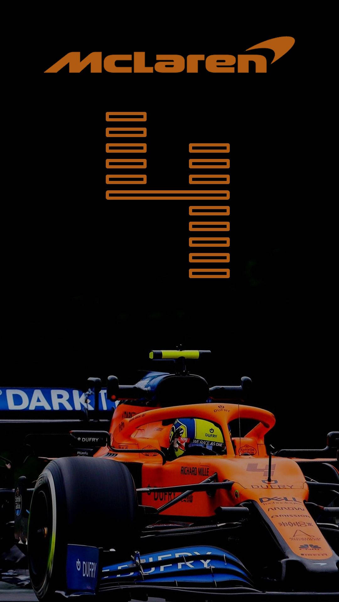 Racing 桌布 壁紙 — 一輛時尚的橙色McLaren一級方程式賽車，車手頭盔可見，黑色背景上帶有發光的橙色標誌和號碼。
