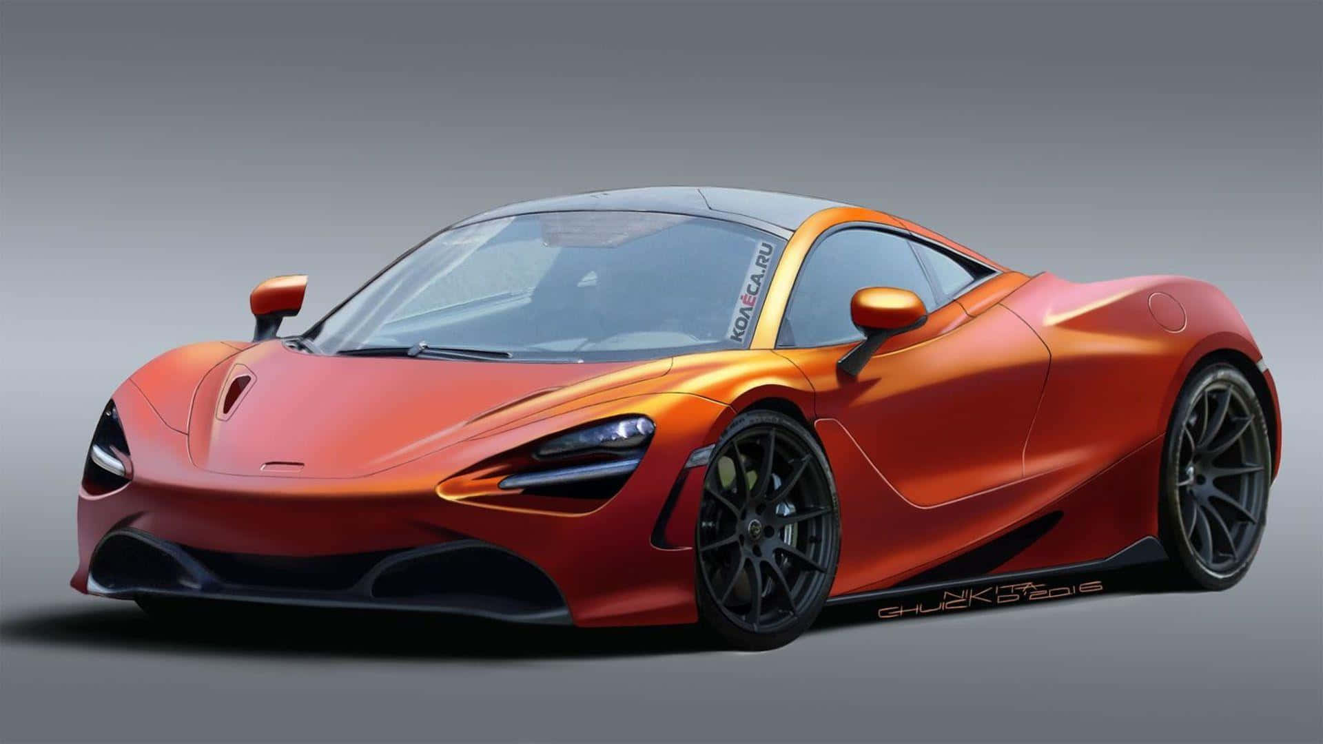 Mclaren 720s 桌布 壁紙 — 一輛時尚的橙色McLaren跑車，帶有黑色點綴和空氣動力學曲線，在灰色中性工作室背景前擺拍。