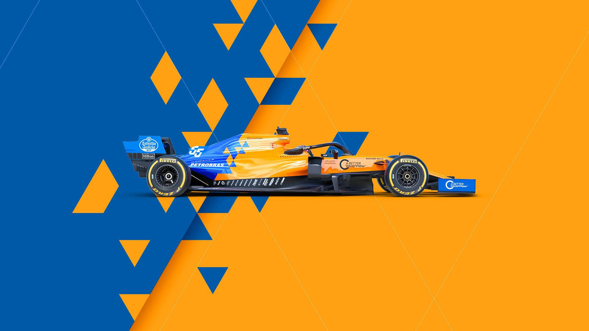 Formula 1 Desktop 桌布 壁紙 — 一輛時尚的橙色和藍色一級方程式賽車，在分為藍色和橙色的背景上帶有幾何菱形圖案。