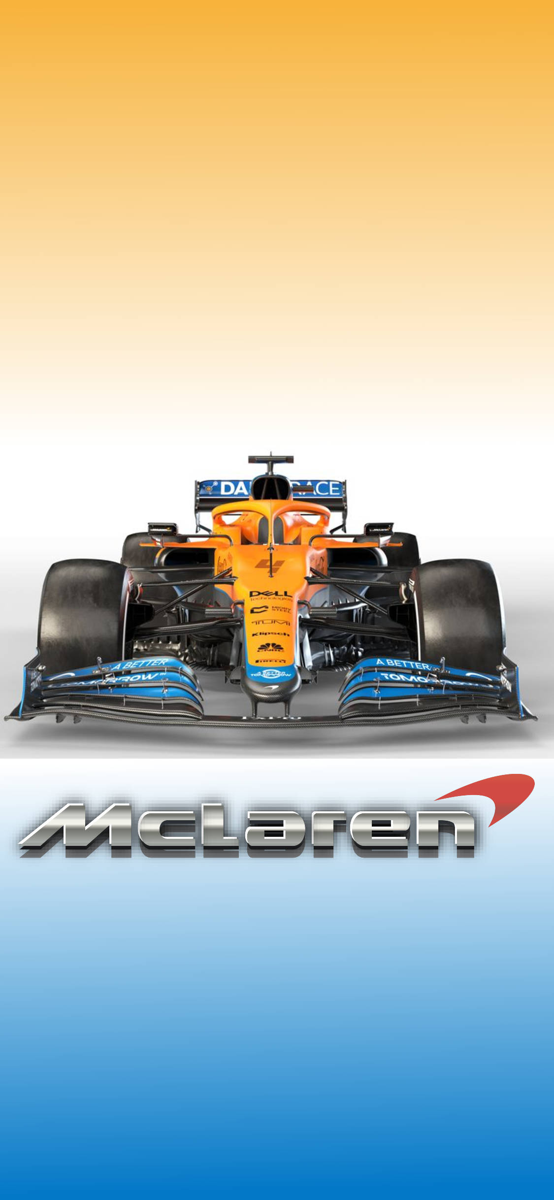 F1 桌布 壁紙 — 一輛時尚的橙色和藍色麥拉倫F1賽車，居中於漸變天空背景，下方有麥拉倫標誌。
