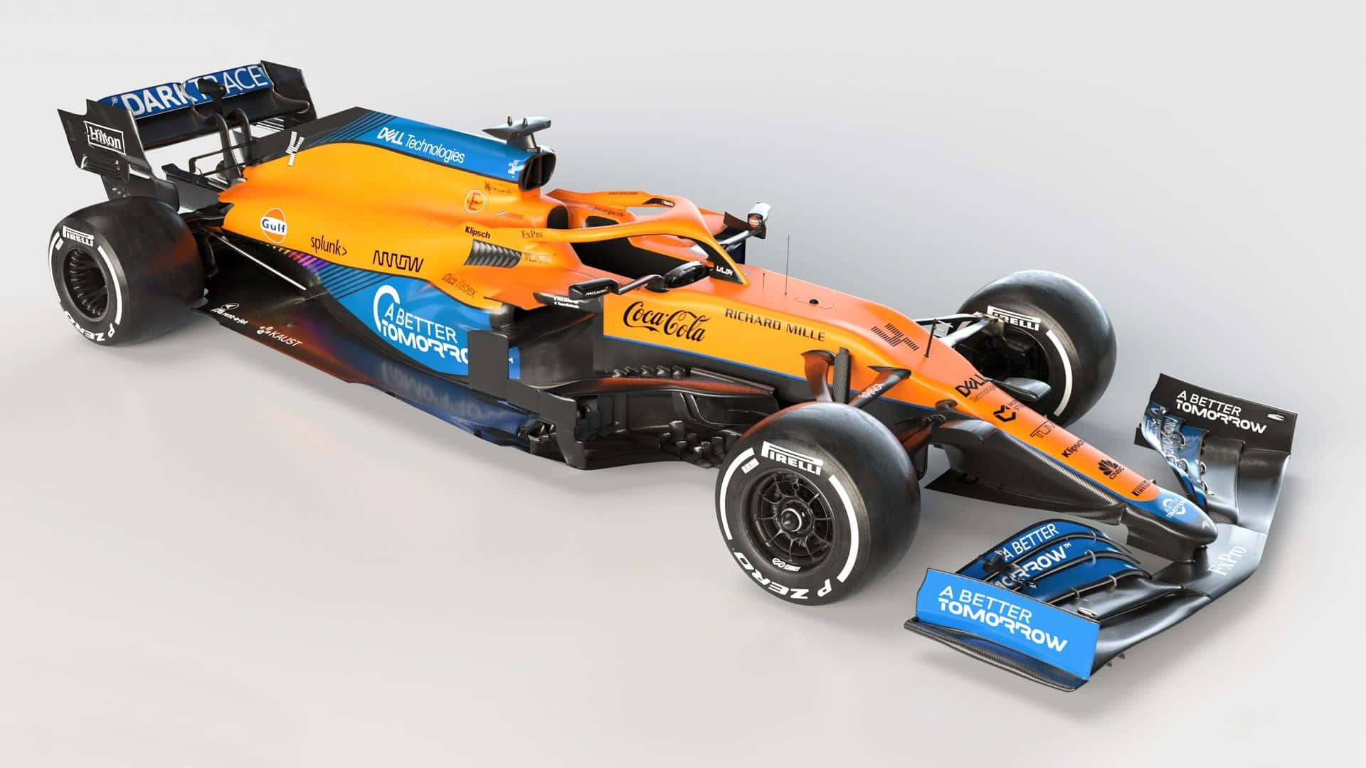 race car 桌布 壁紙 — 一輛時尚的橙色和藍色麥拉倫一級方程式賽車，帶有贊助商標誌，展示在潔白的攝影棚背景前。