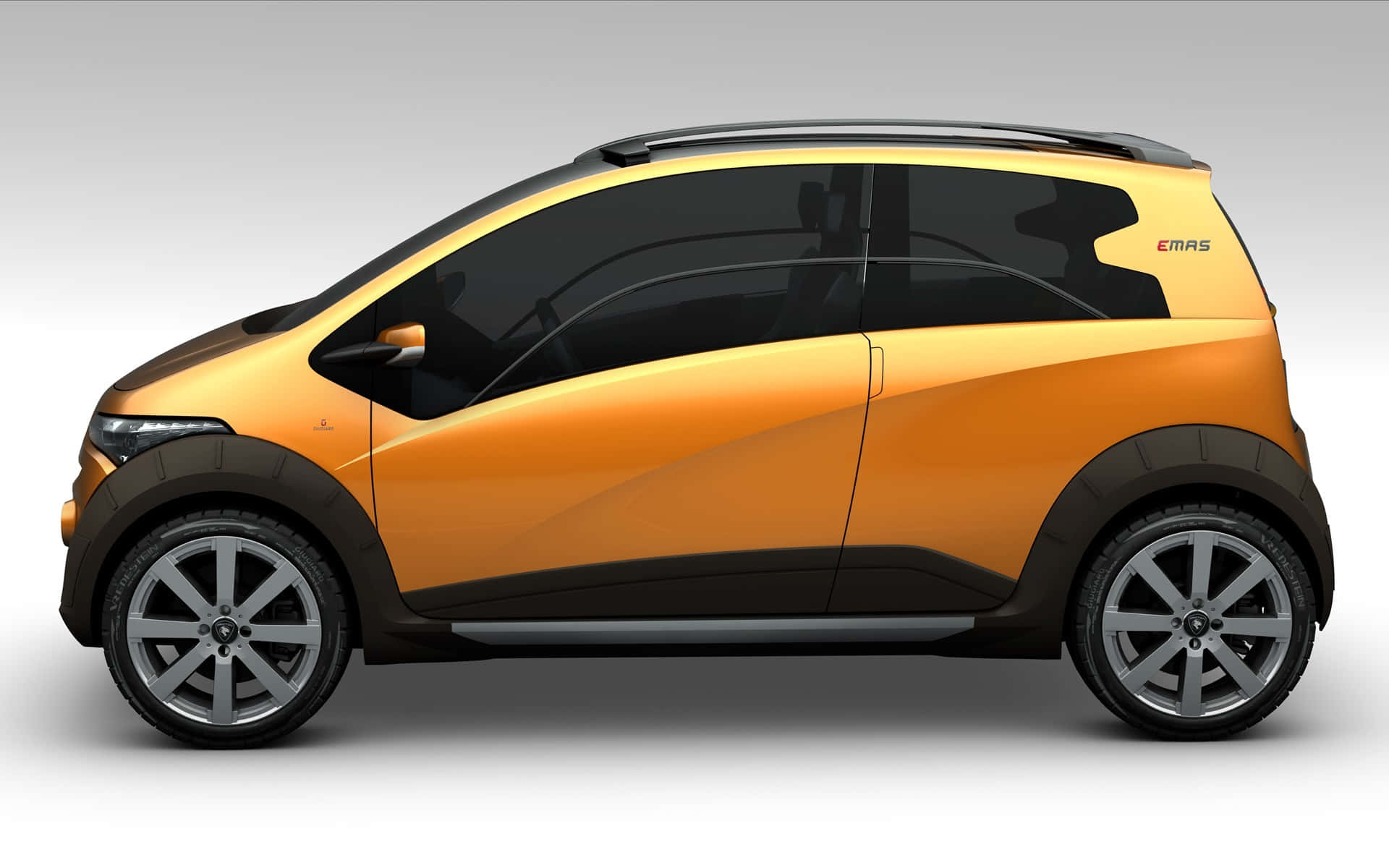 Proton 桌布 壁紙 — 一輛時尚的橙色和黑色緊湊型汽車，配備銀色輪圈，在純灰色背景上以側面輪廓展示。