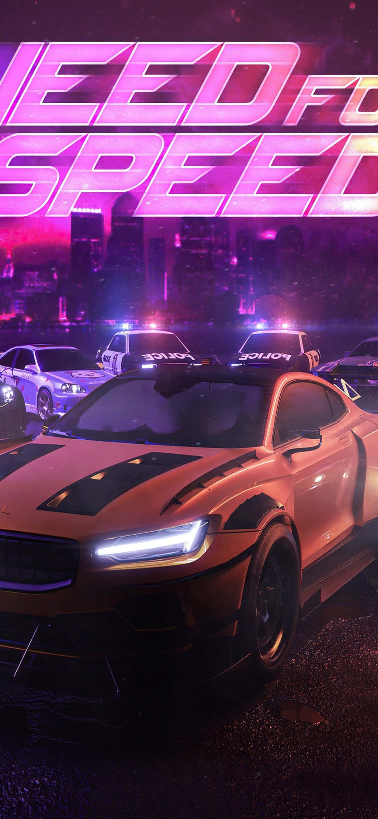 Game Art 桌布 壁紙 — 一輛時尚的橙色跑車在霓虹燈閃爍的城市街道上飛馳，被警車追逐，上方是發光的 'Need for Speed' 標誌。